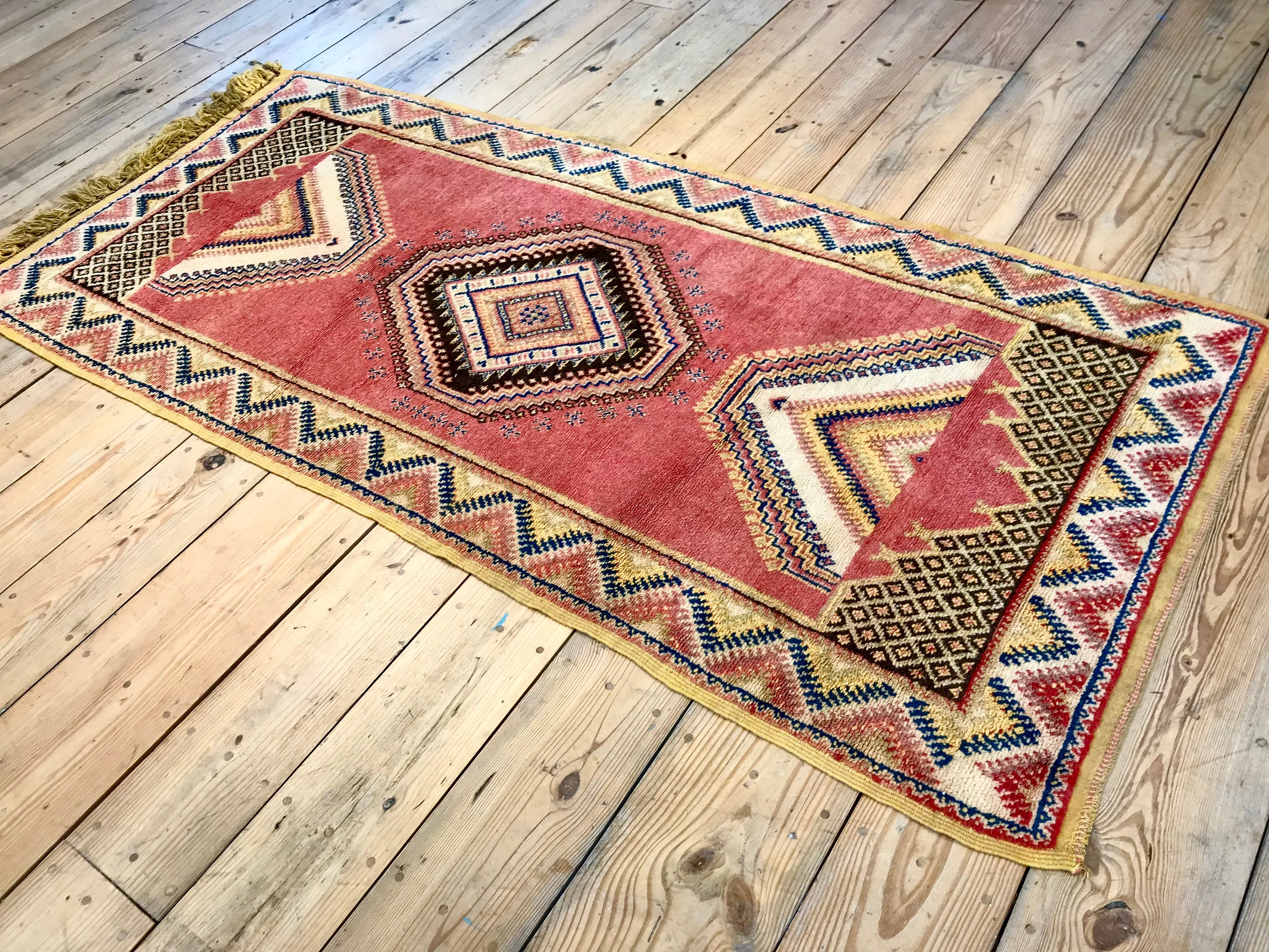 Vintage Hand Knotted Red and Yellow Moroccan Wool Runner Rug