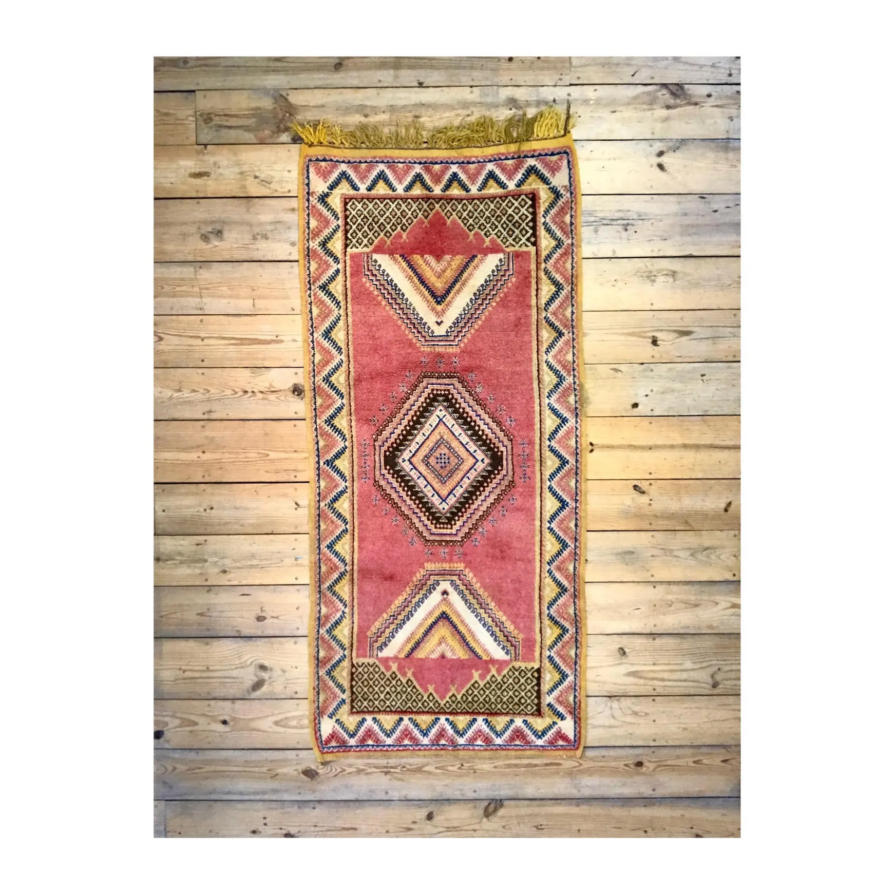 Vintage Hand Knotted Red and Yellow Moroccan Wool Runner Rug