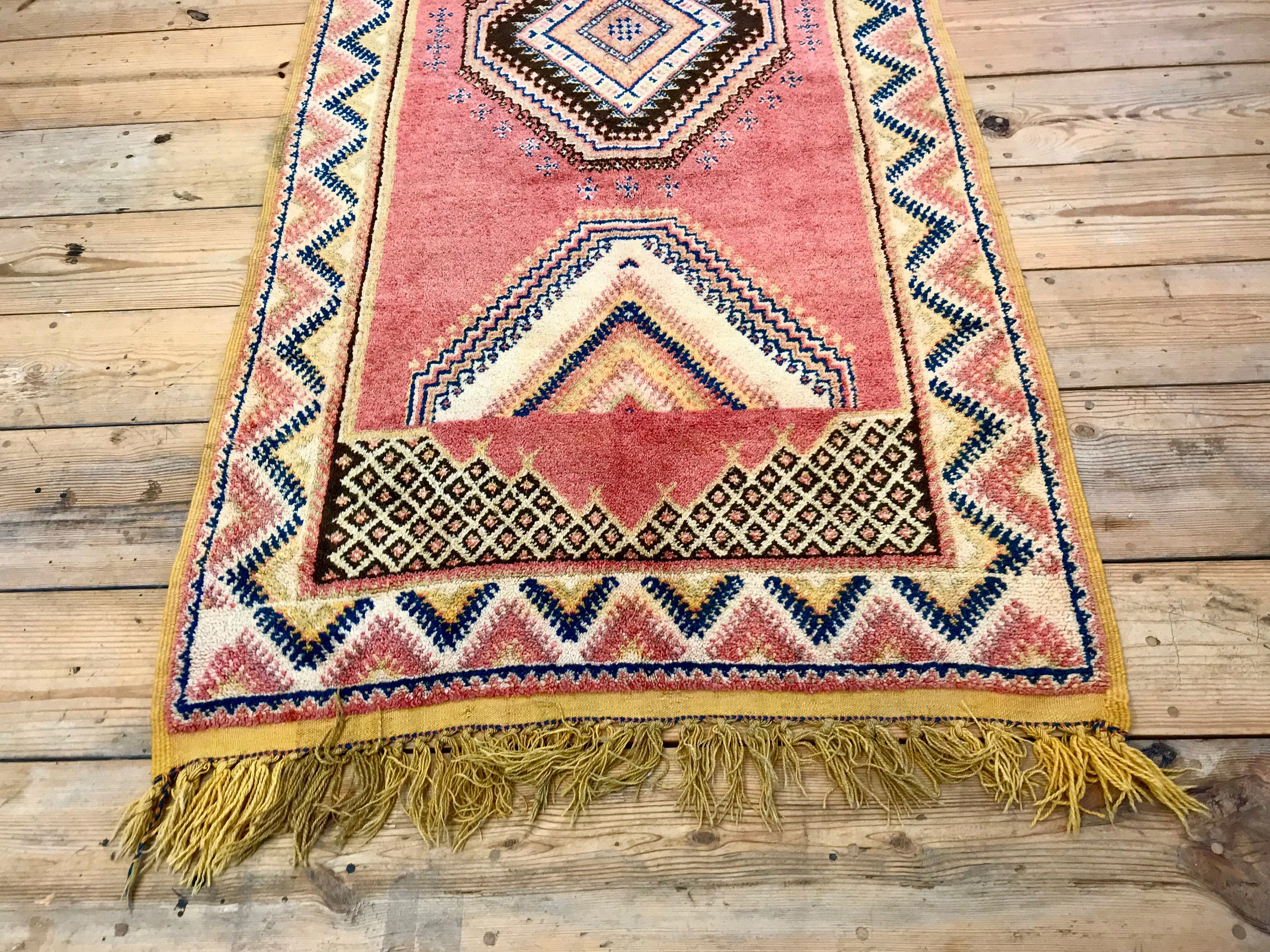 Vintage Hand Knotted Red and Yellow Moroccan Wool Runner Rug