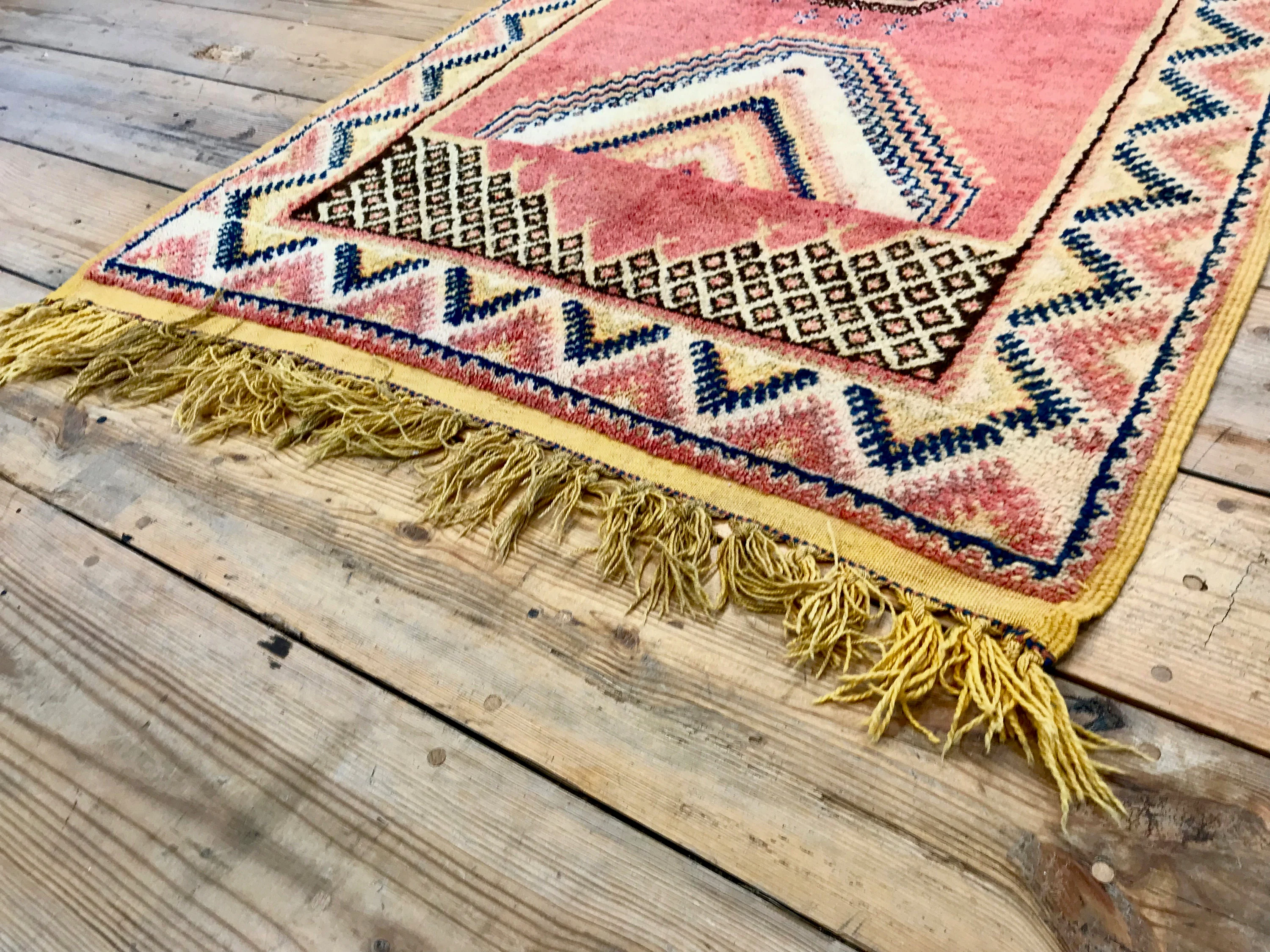Vintage Hand Knotted Red and Yellow Moroccan Wool Runner Rug
