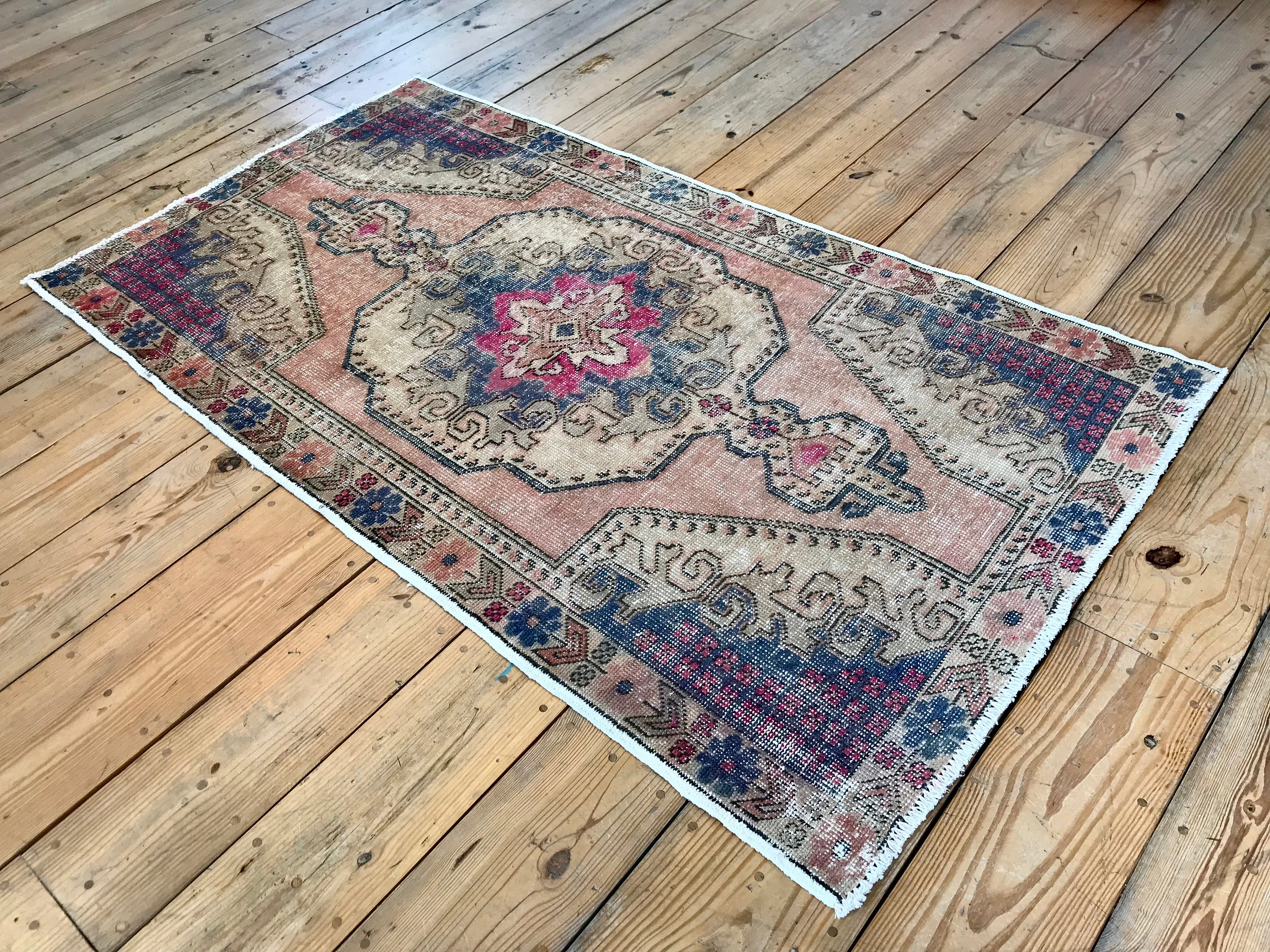 Vintage Hand Knotted Cream, Blue, and Pink Moroccan Wool Area Rug
