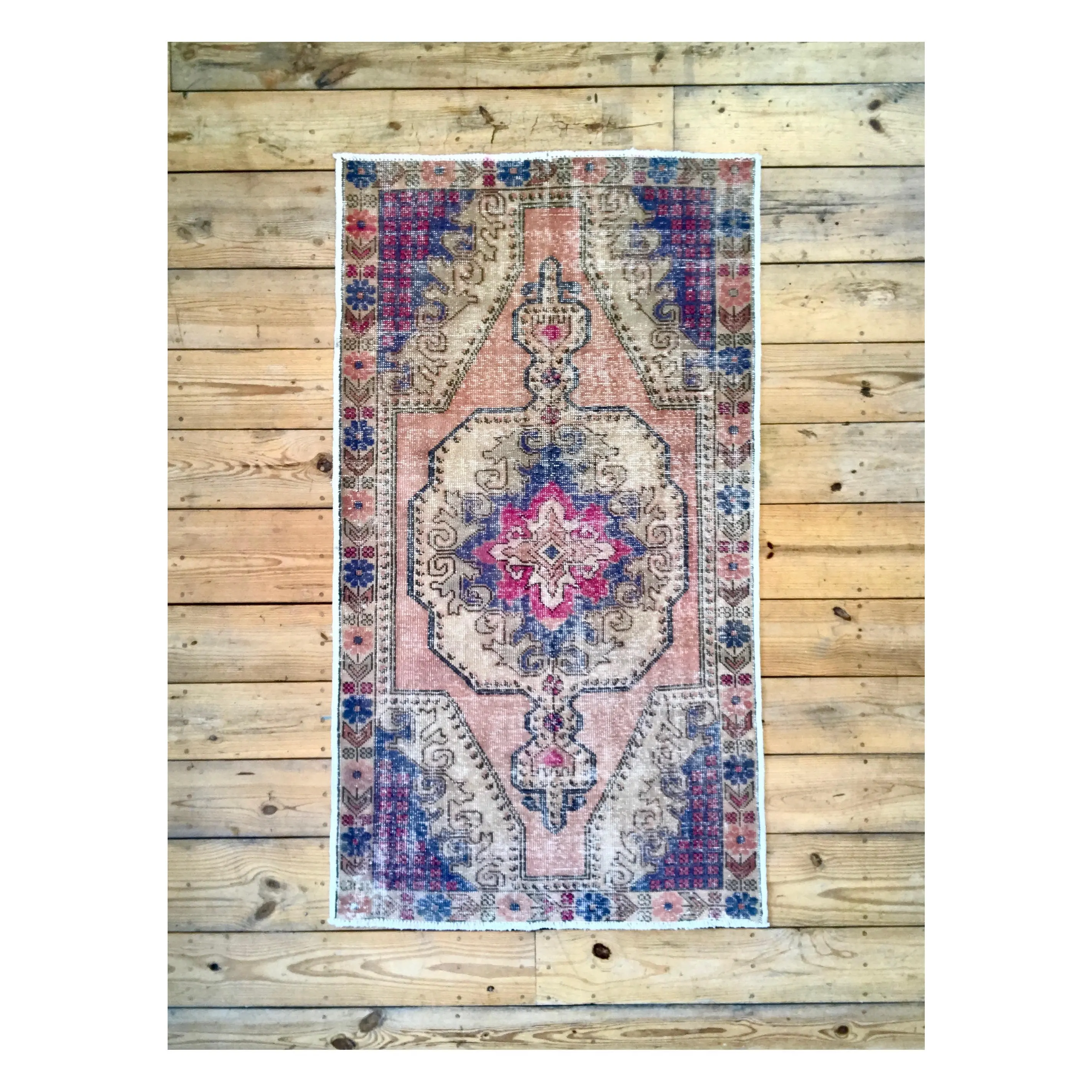 Vintage Hand Knotted Cream, Blue, and Pink Moroccan Wool Area Rug