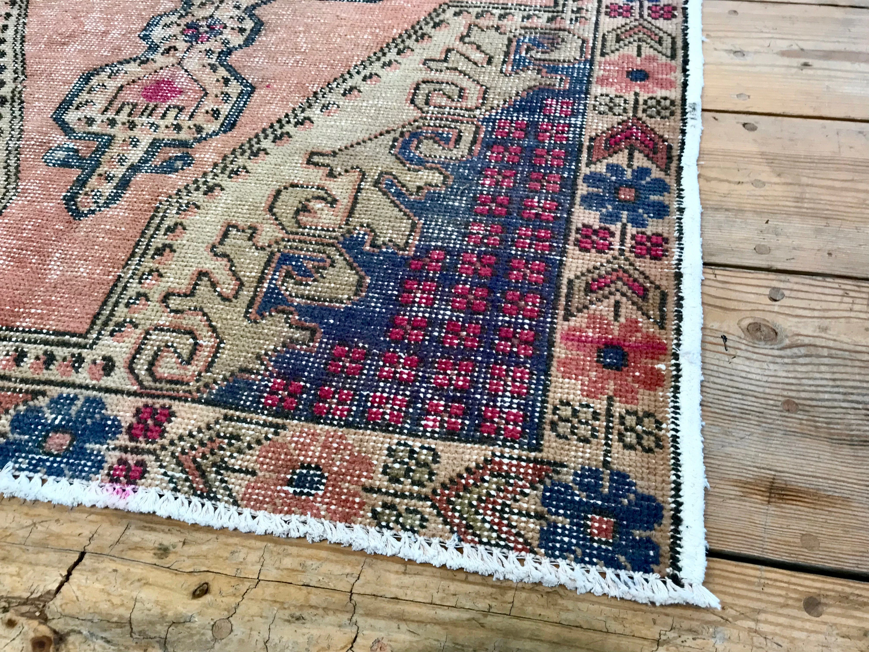 Vintage Hand Knotted Cream, Blue, and Pink Moroccan Wool Area Rug