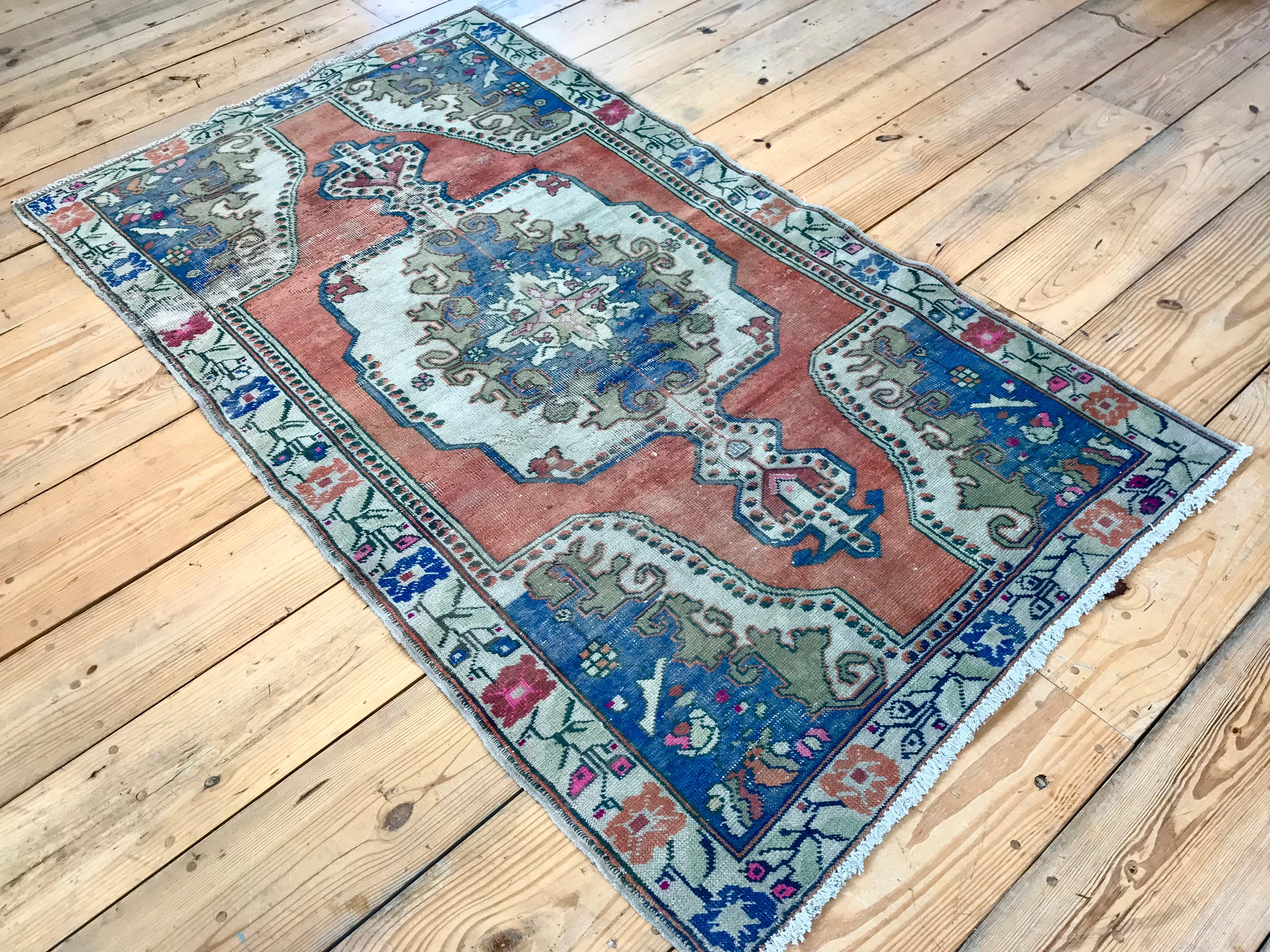 Vintage Hand Knotted Green, Red, and Blue Moroccan Wool Area Rug