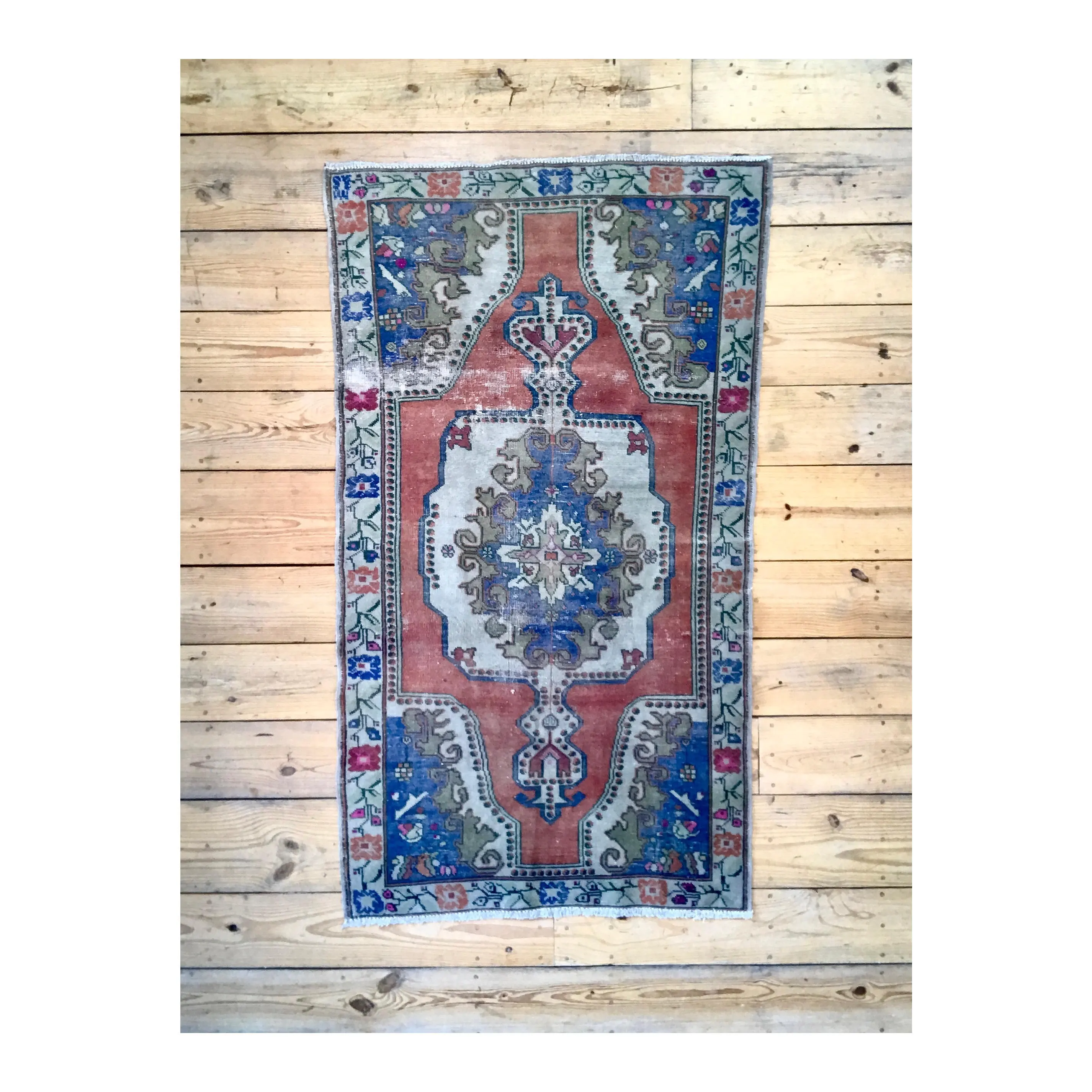 Vintage Hand Knotted Green, Red, and Blue Moroccan Wool Area Rug
