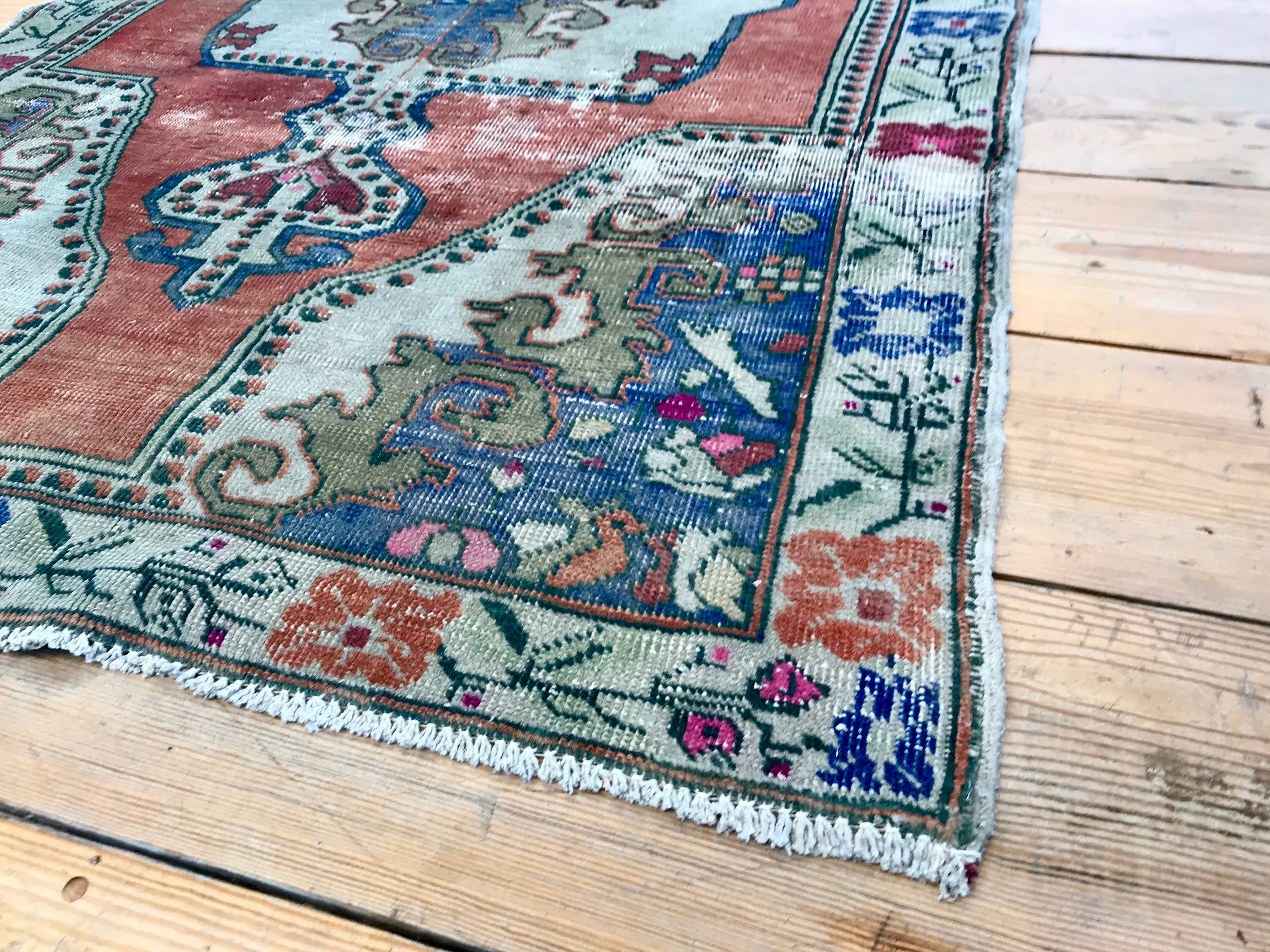 Vintage Hand Knotted Green, Red, and Blue Moroccan Wool Area Rug
