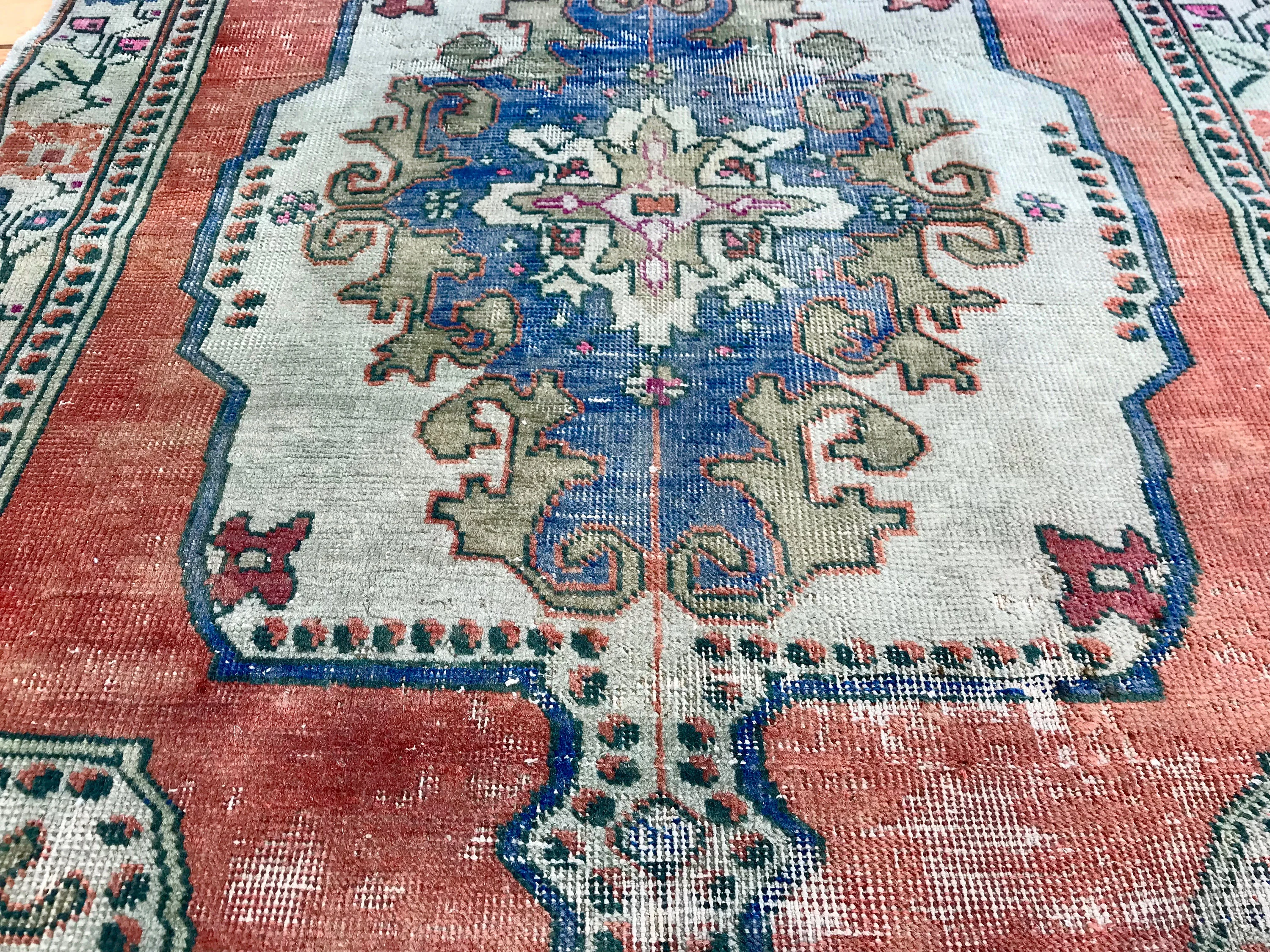 Vintage Hand Knotted Green, Red, and Blue Moroccan Wool Area Rug