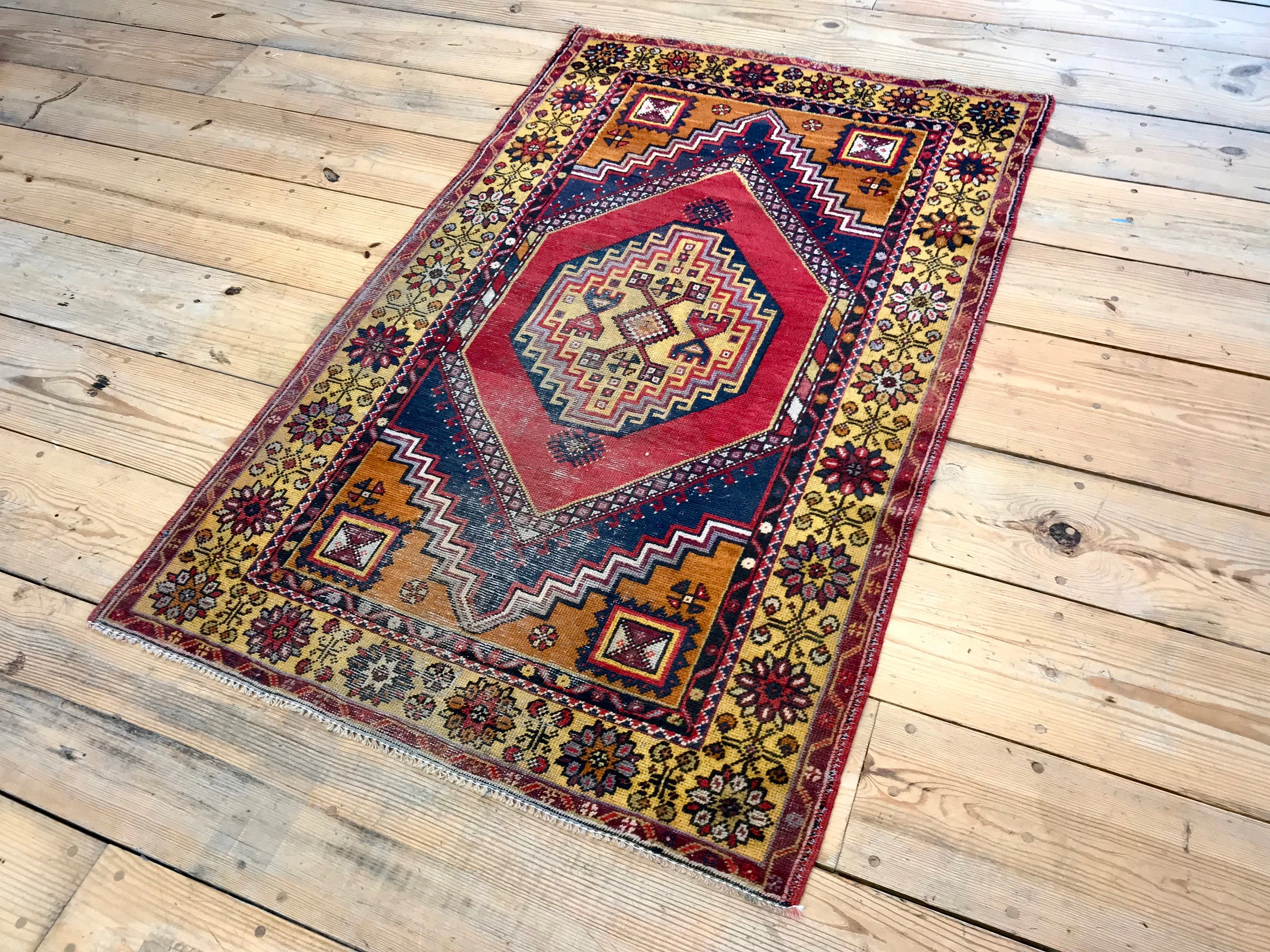 Vintage Hand Knotted Yellow, Red, and Orange Moroccan Wool Area Rug