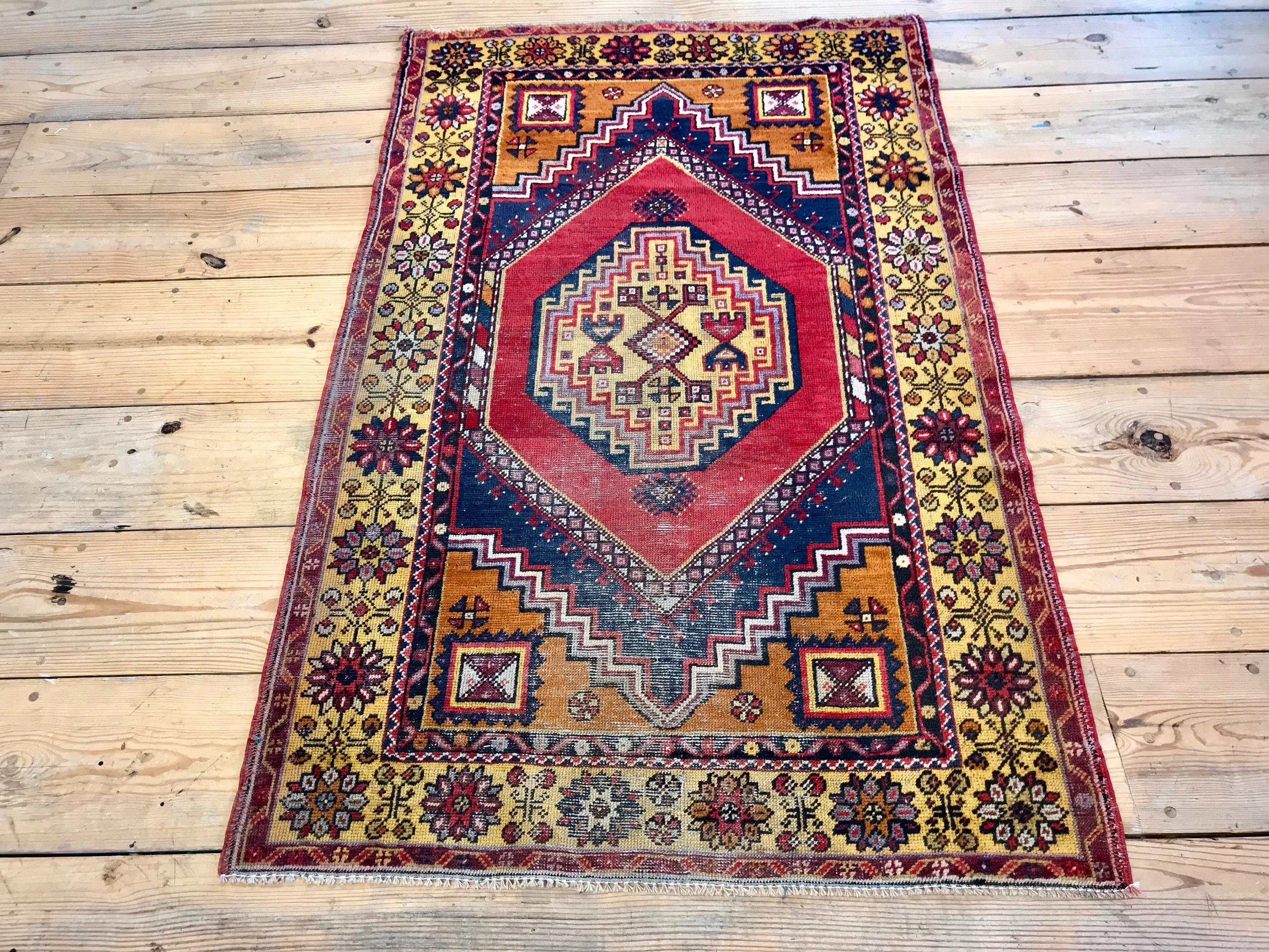 Vintage Hand Knotted Yellow, Red, and Orange Moroccan Wool Area Rug