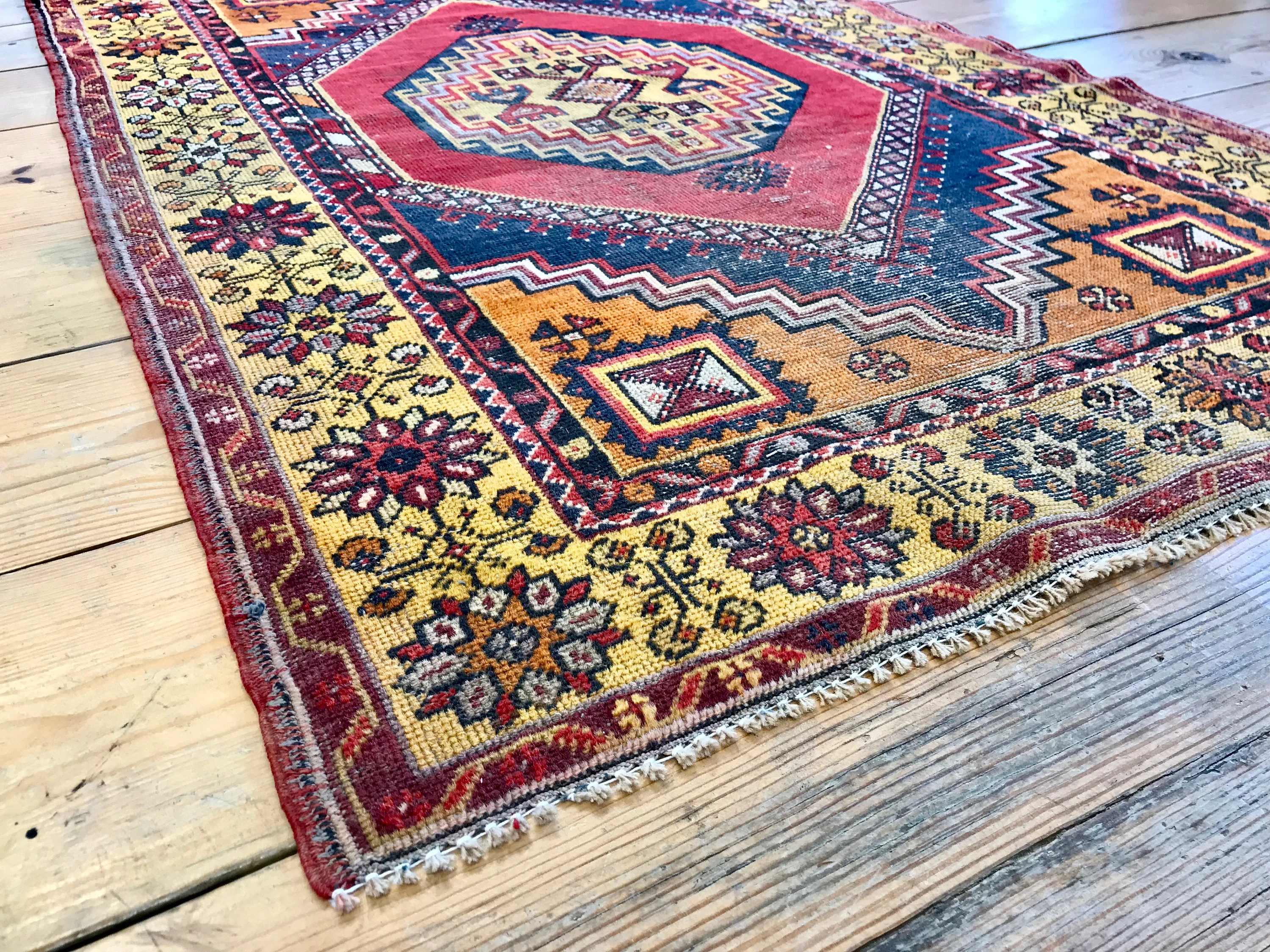 Vintage Hand Knotted Yellow, Red, and Orange Moroccan Wool Area Rug