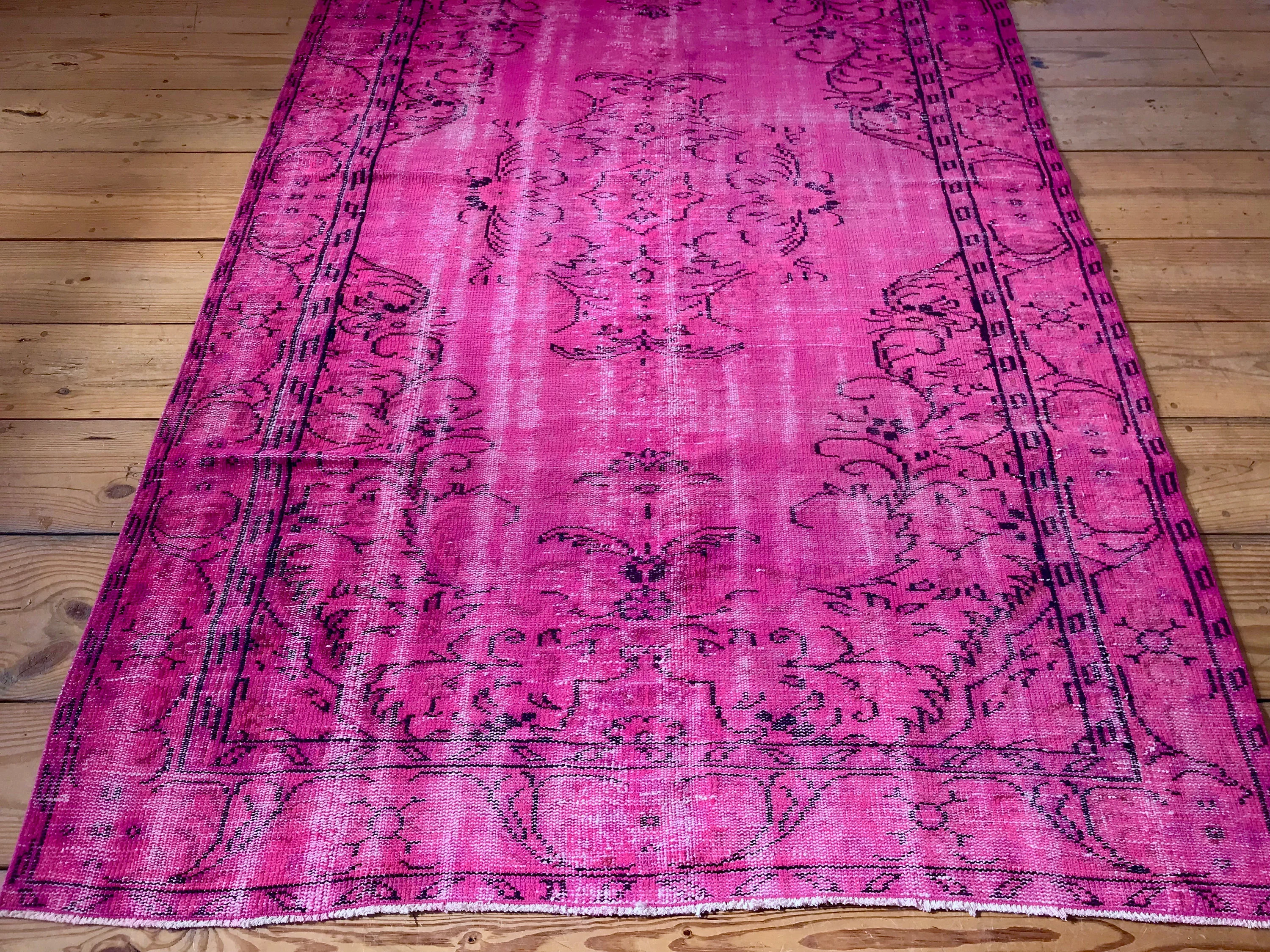 Vintage Hand Knotted Overdyed Pink Turkish Wool Area Rug