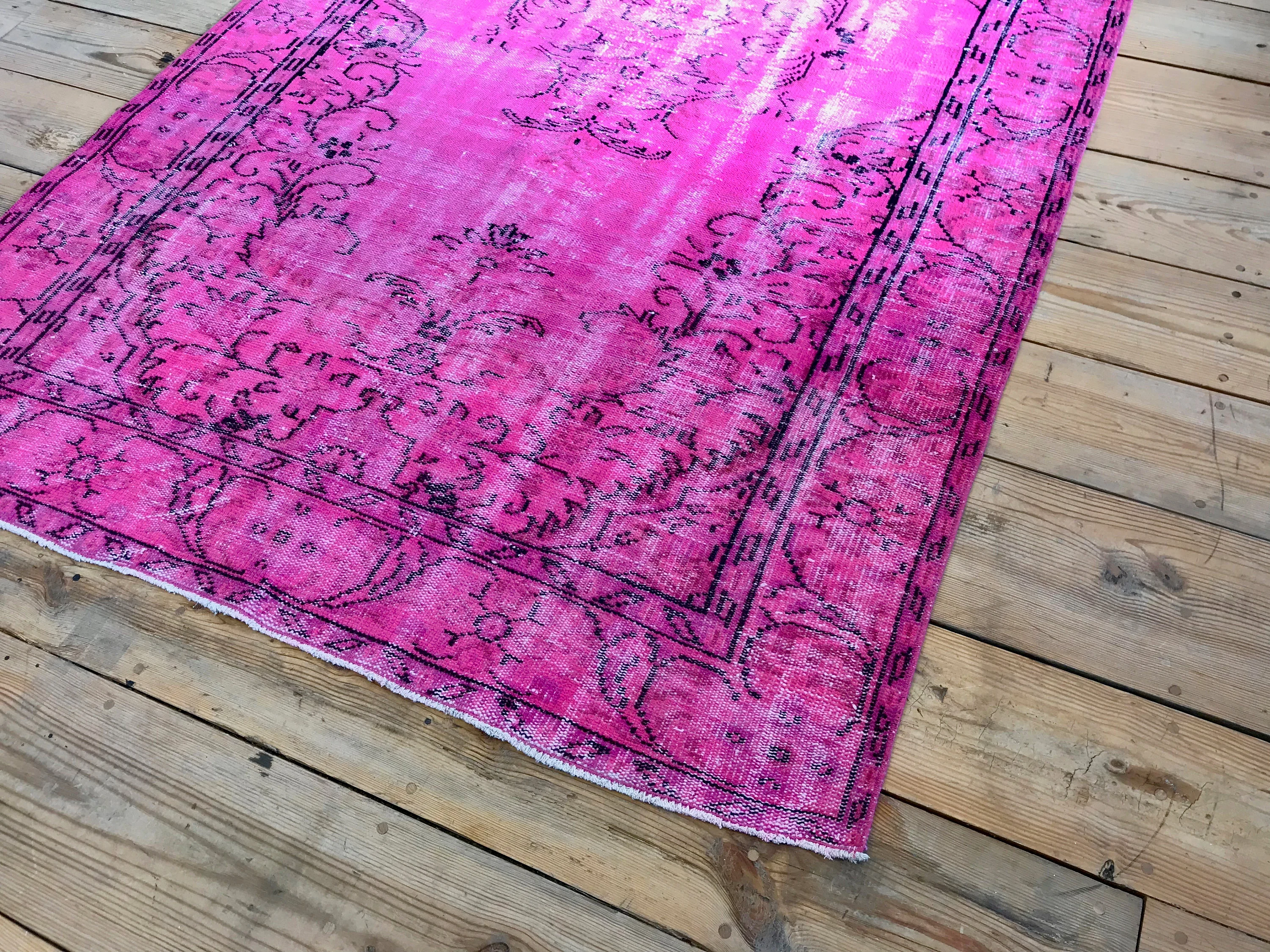 Vintage Hand Knotted Overdyed Pink Turkish Wool Area Rug