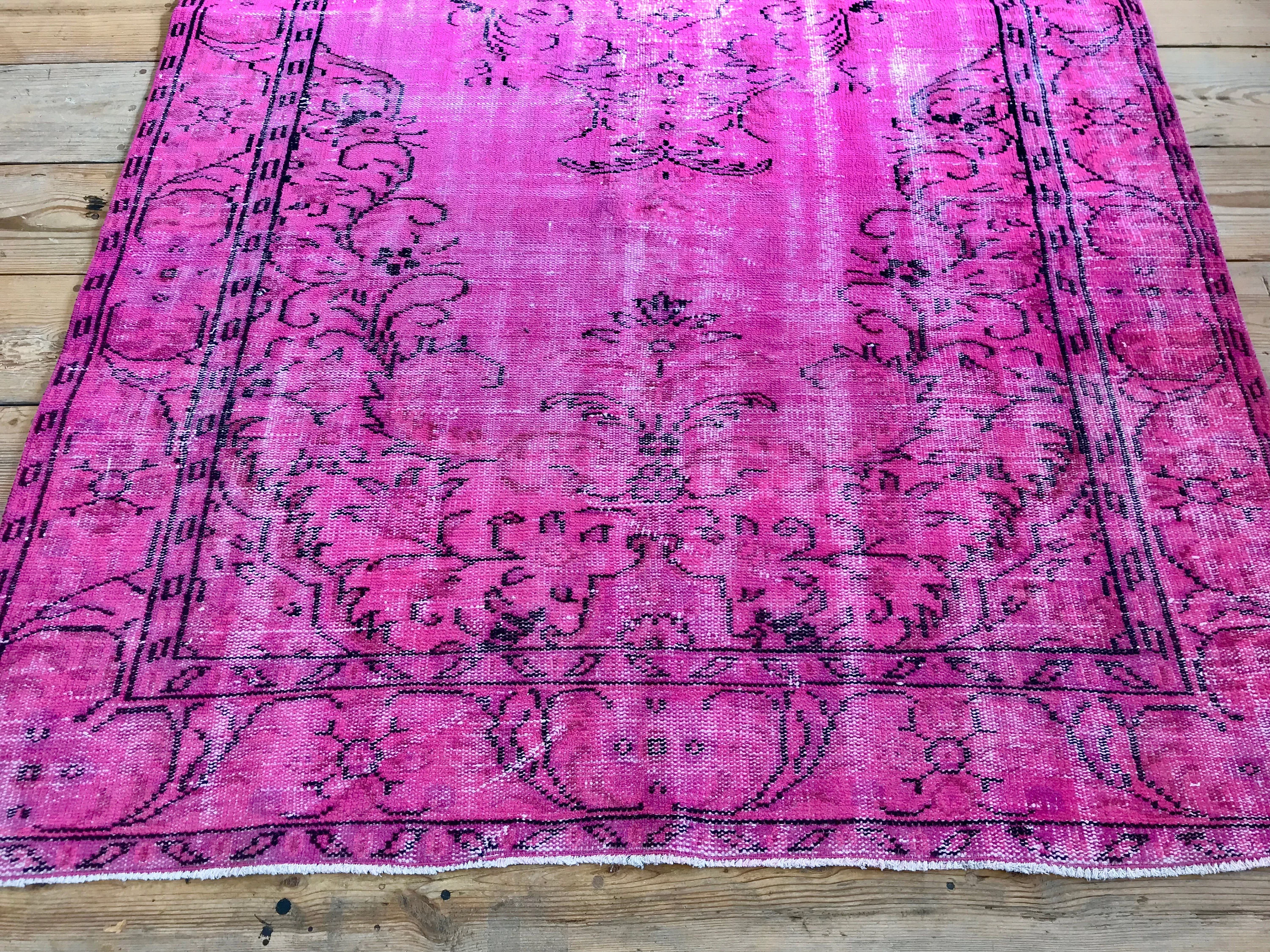 Vintage Hand Knotted Overdyed Pink Turkish Wool Area Rug