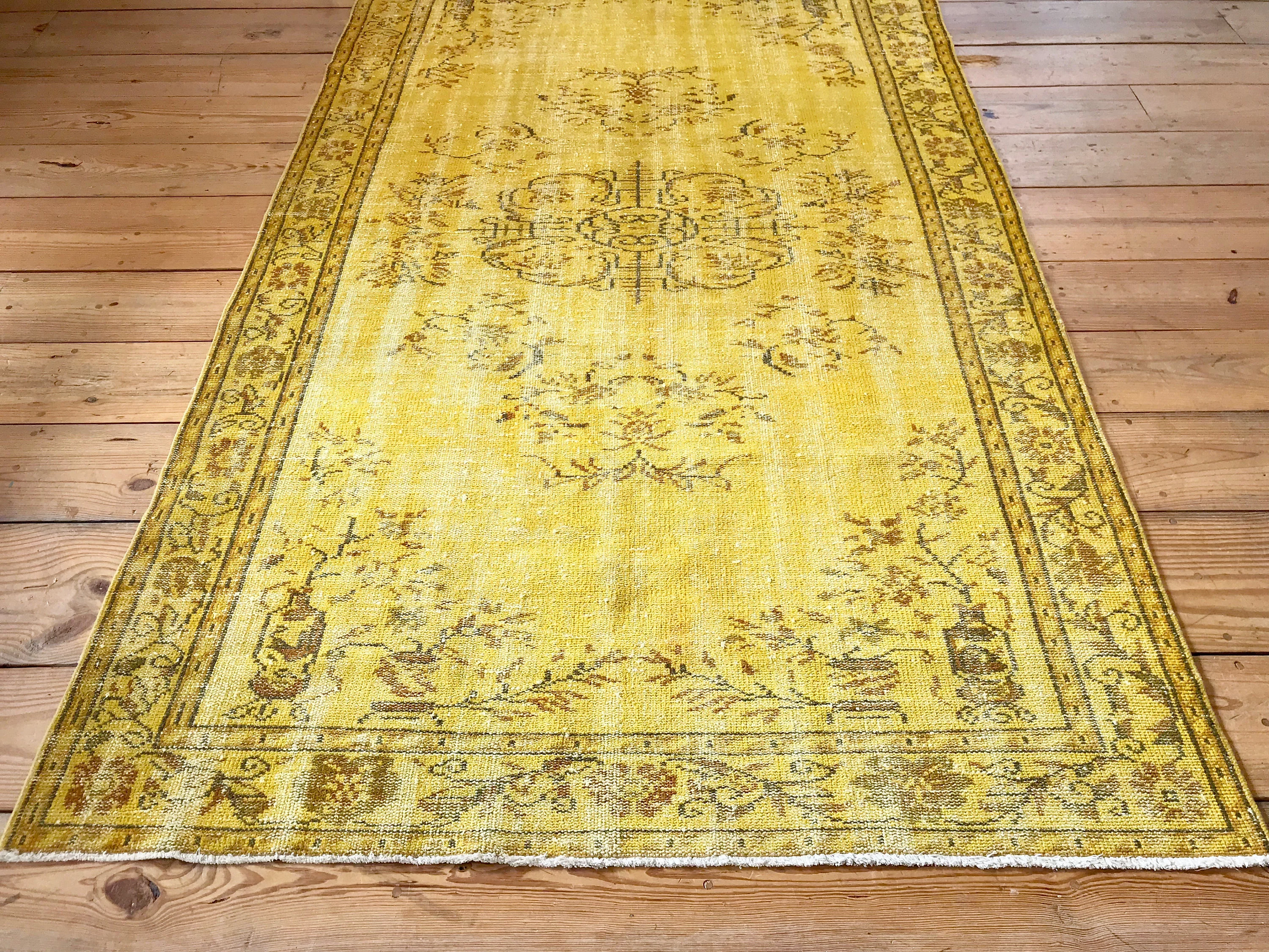 Vintage Hand Knotted Overdyed Yellow Turkish Wool Area Rug