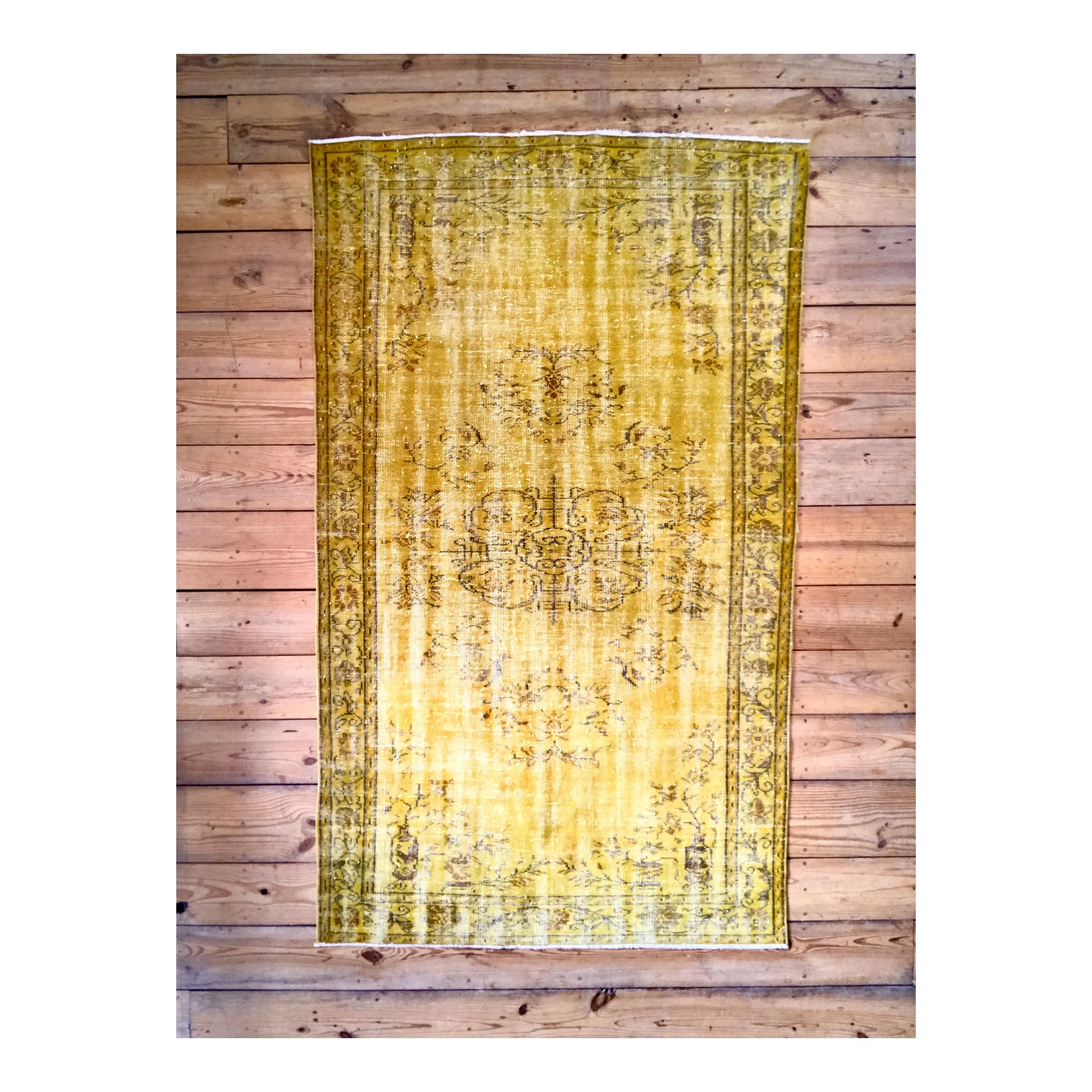 Vintage Hand Knotted Overdyed Yellow Turkish Wool Area Rug