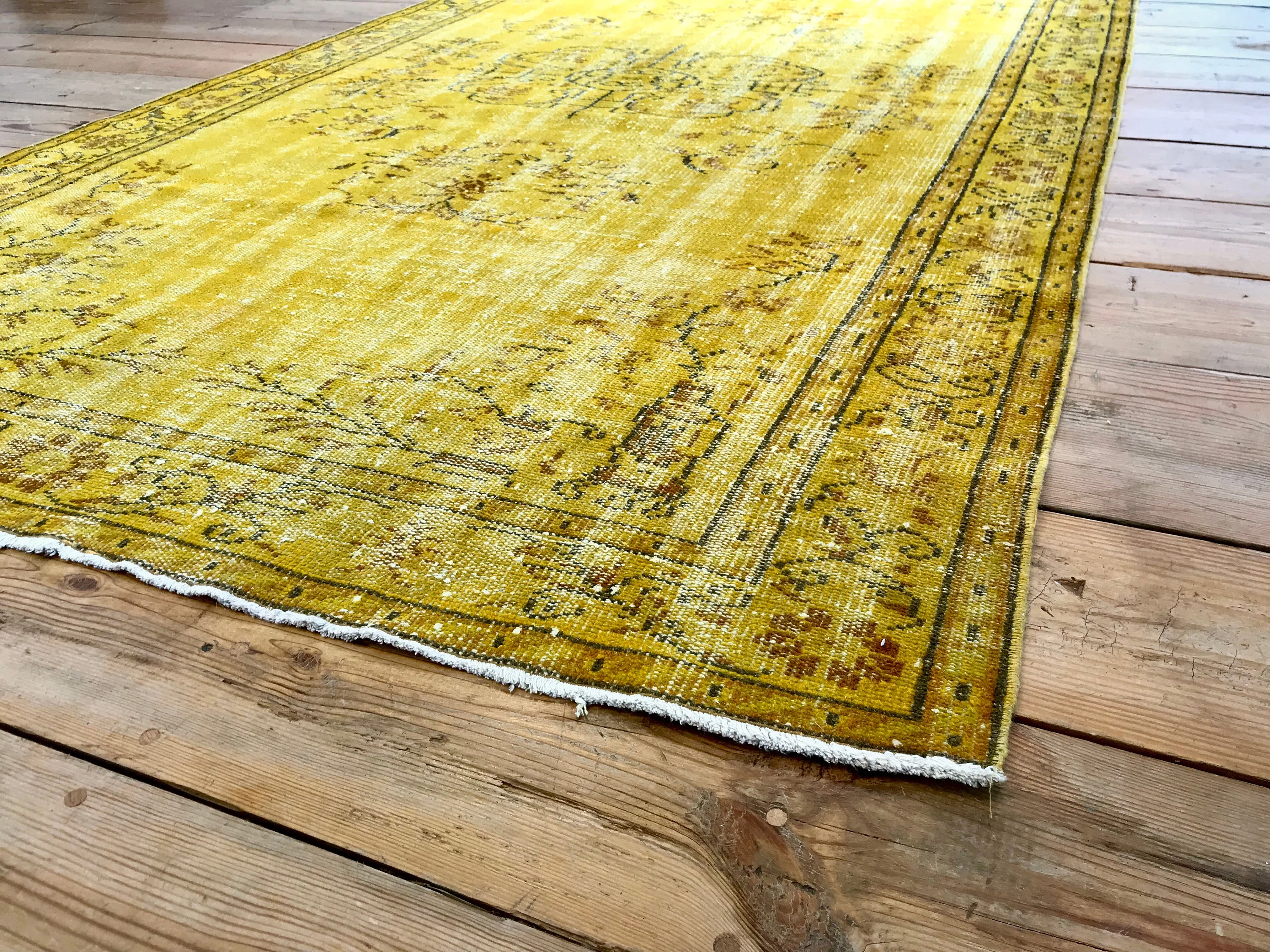 Vintage Hand Knotted Overdyed Yellow Turkish Wool Area Rug
