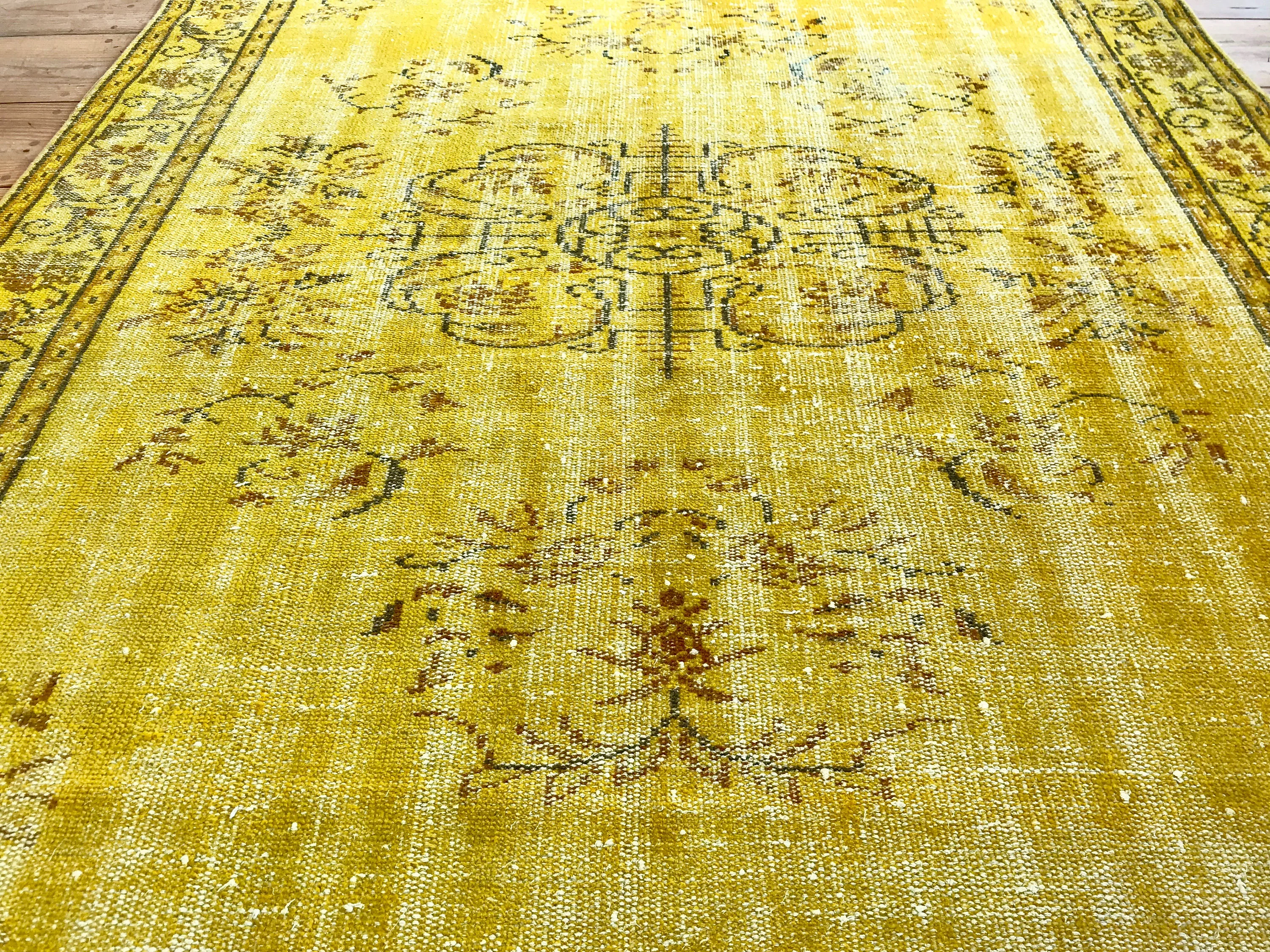 Vintage Hand Knotted Overdyed Yellow Turkish Wool Area Rug
