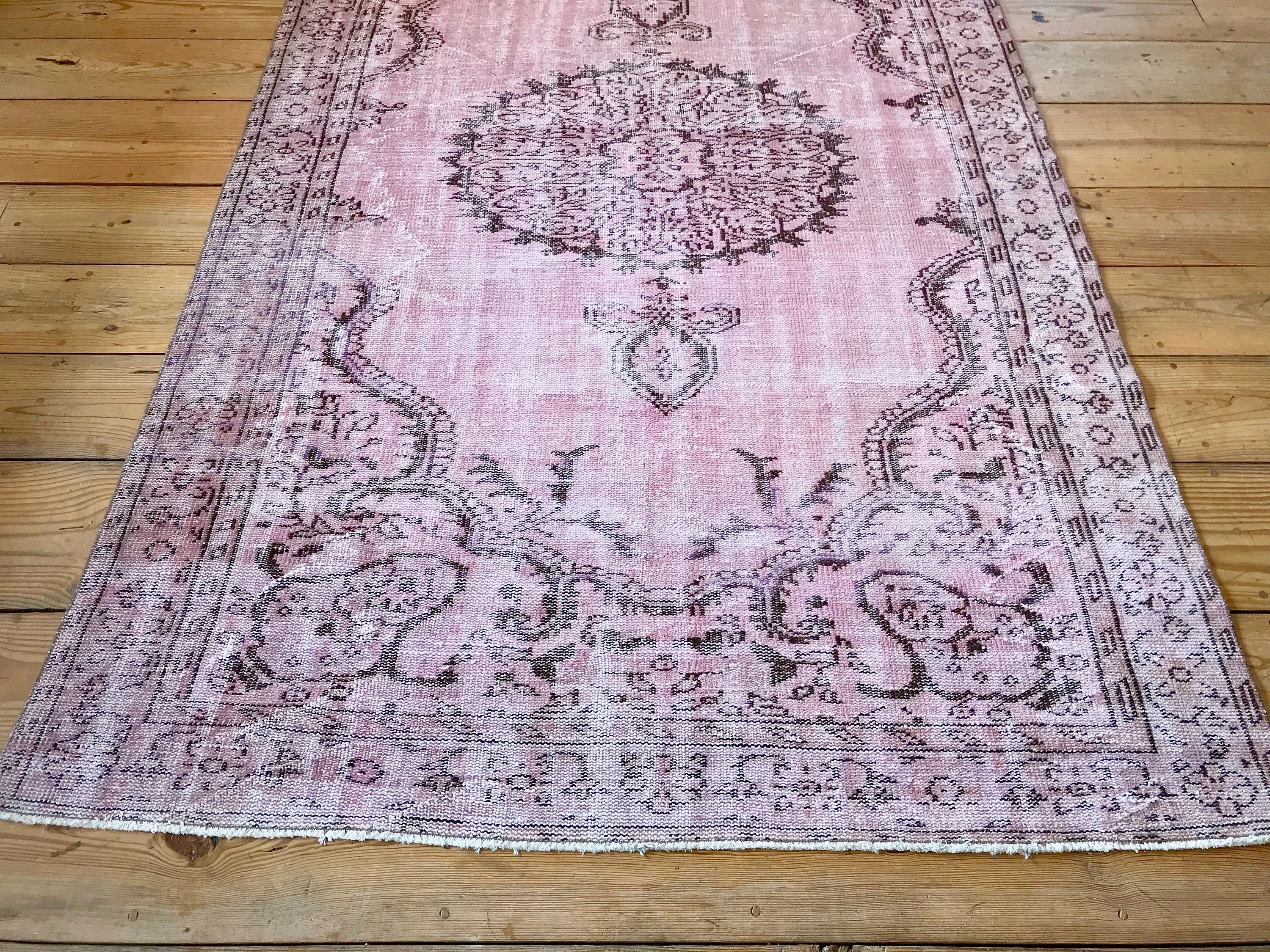 Vintage Hand Knotted Overdyed Pink Turkish Wool Area Rug