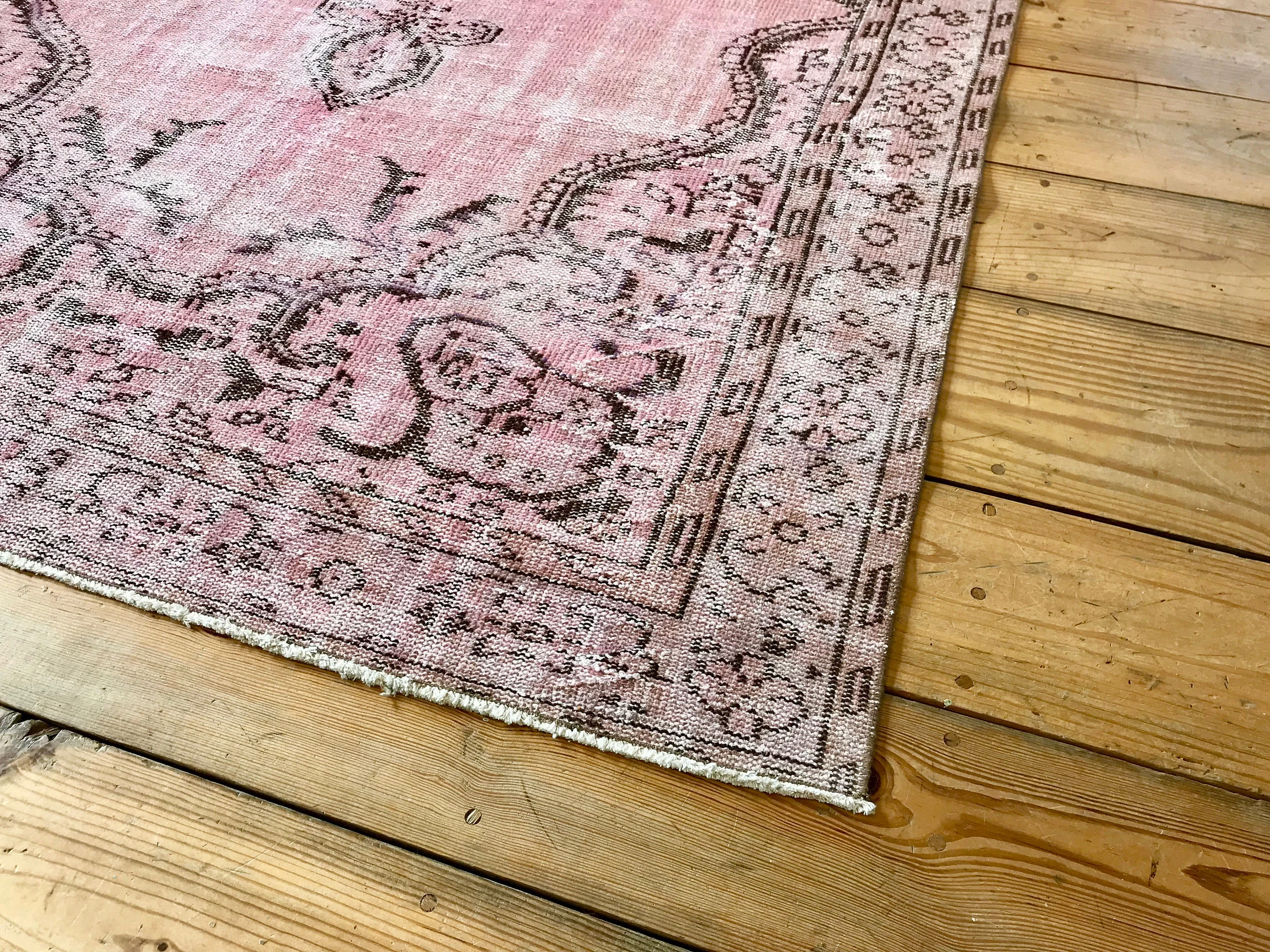 Vintage Hand Knotted Overdyed Pink Turkish Wool Area Rug