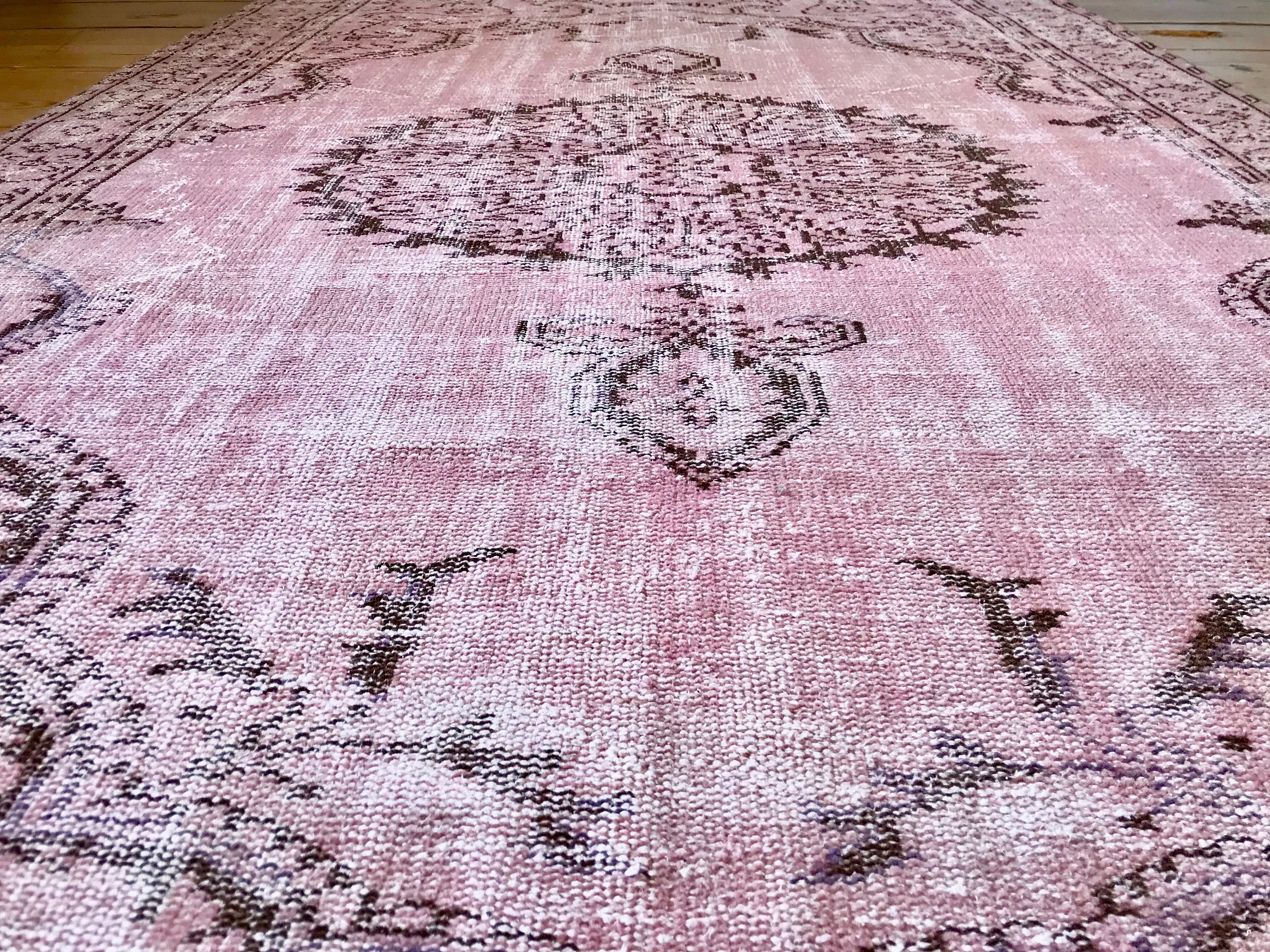 Vintage Hand Knotted Overdyed Pink Turkish Wool Area Rug