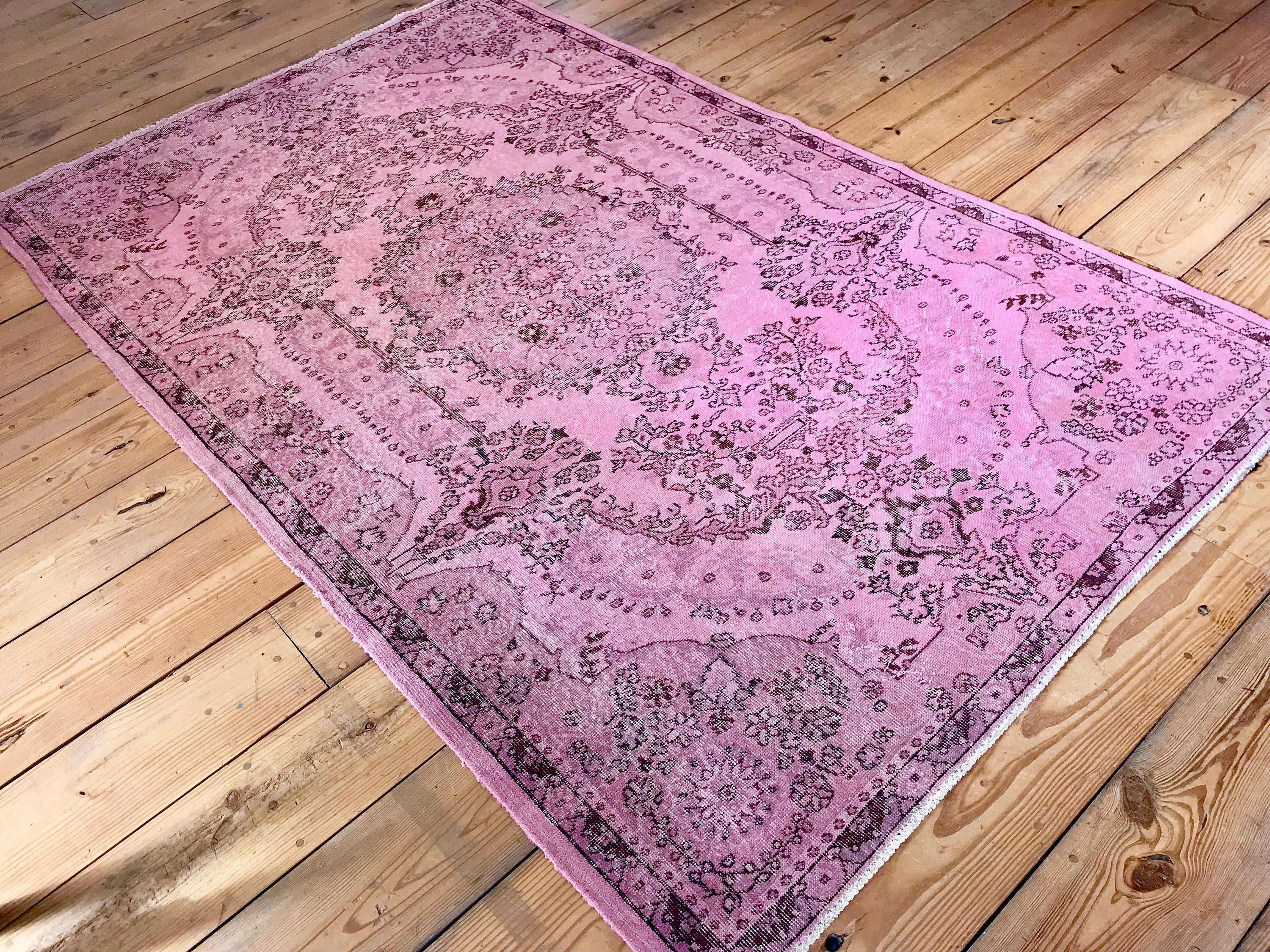 Vintage Hand Knotted Overdyed Pink Turkish Area Rug