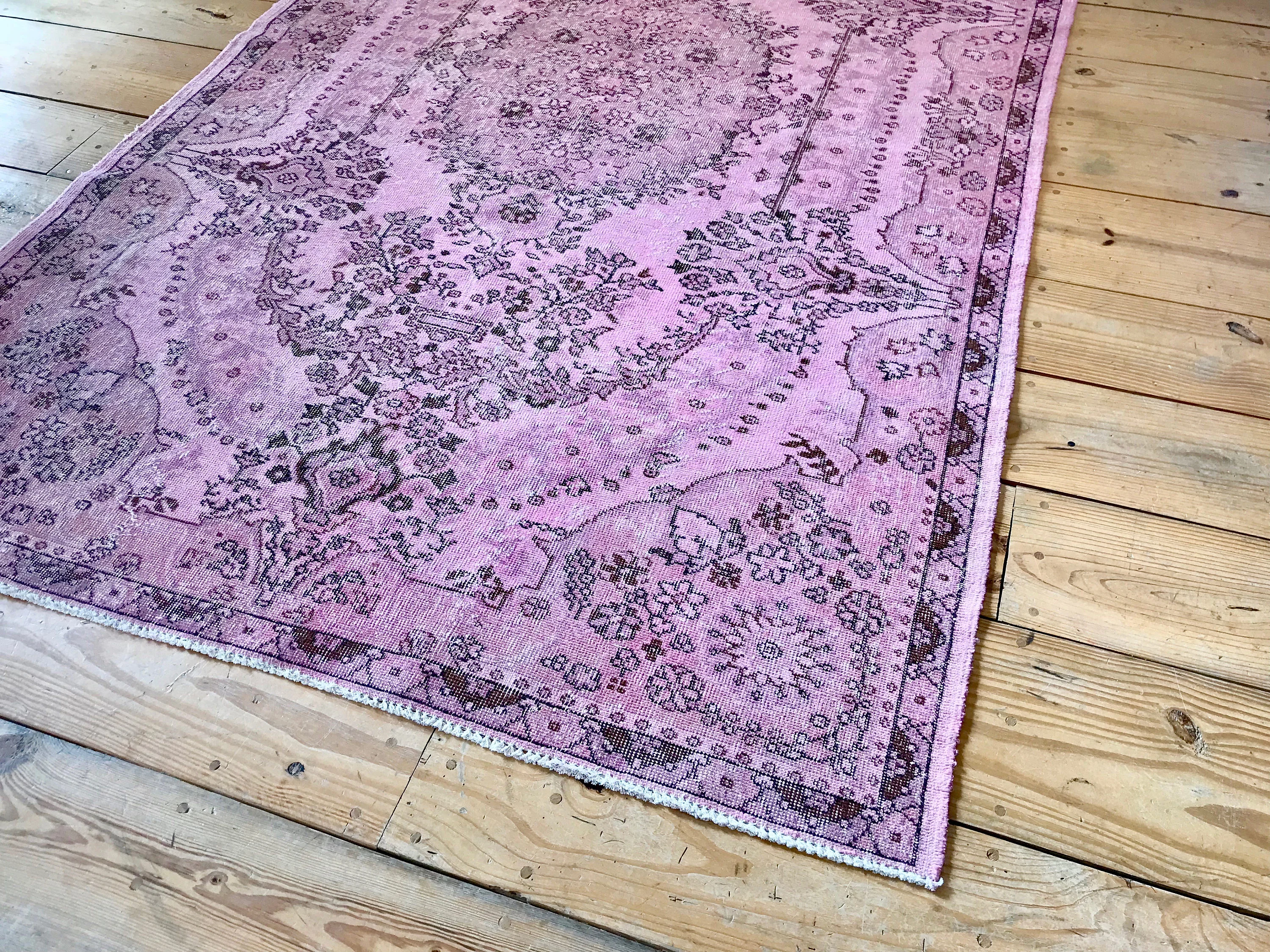 Vintage Hand Knotted Overdyed Pink Turkish Area Rug