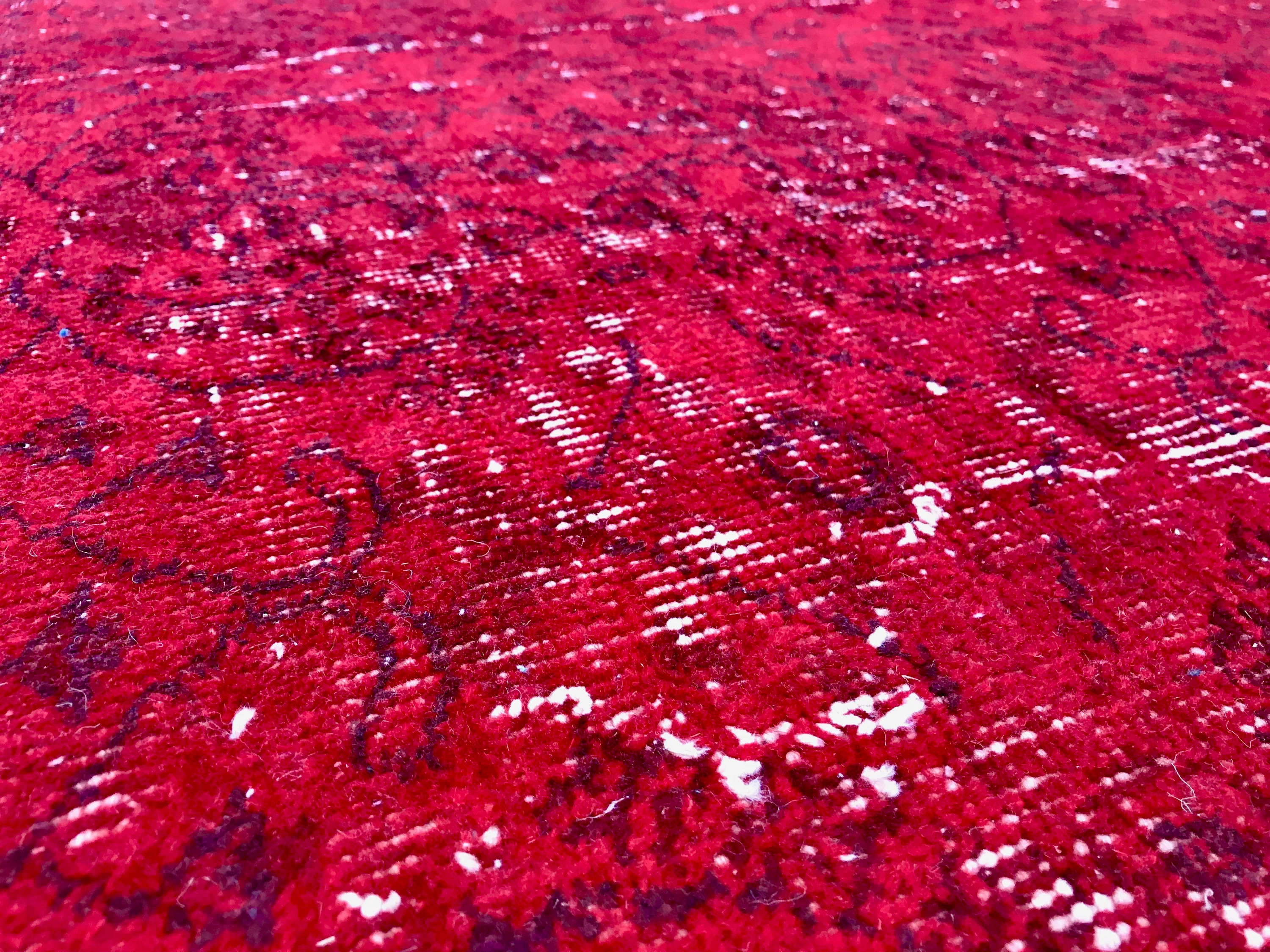 Vintage Hand Knotted Overdyed Red Turkish Wool Area Rug