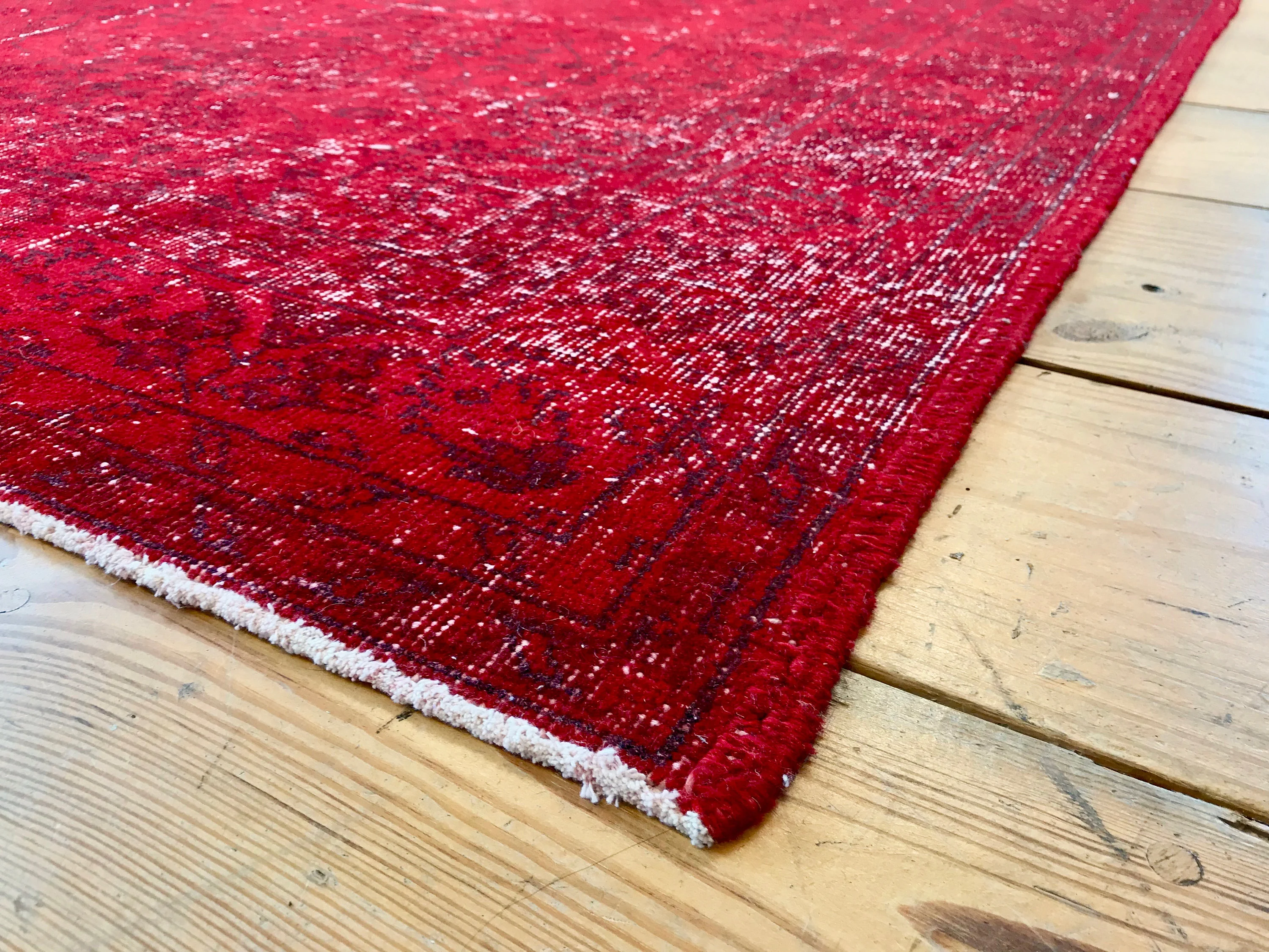 Vintage Hand Knotted Overdyed Red Turkish Wool Area Rug