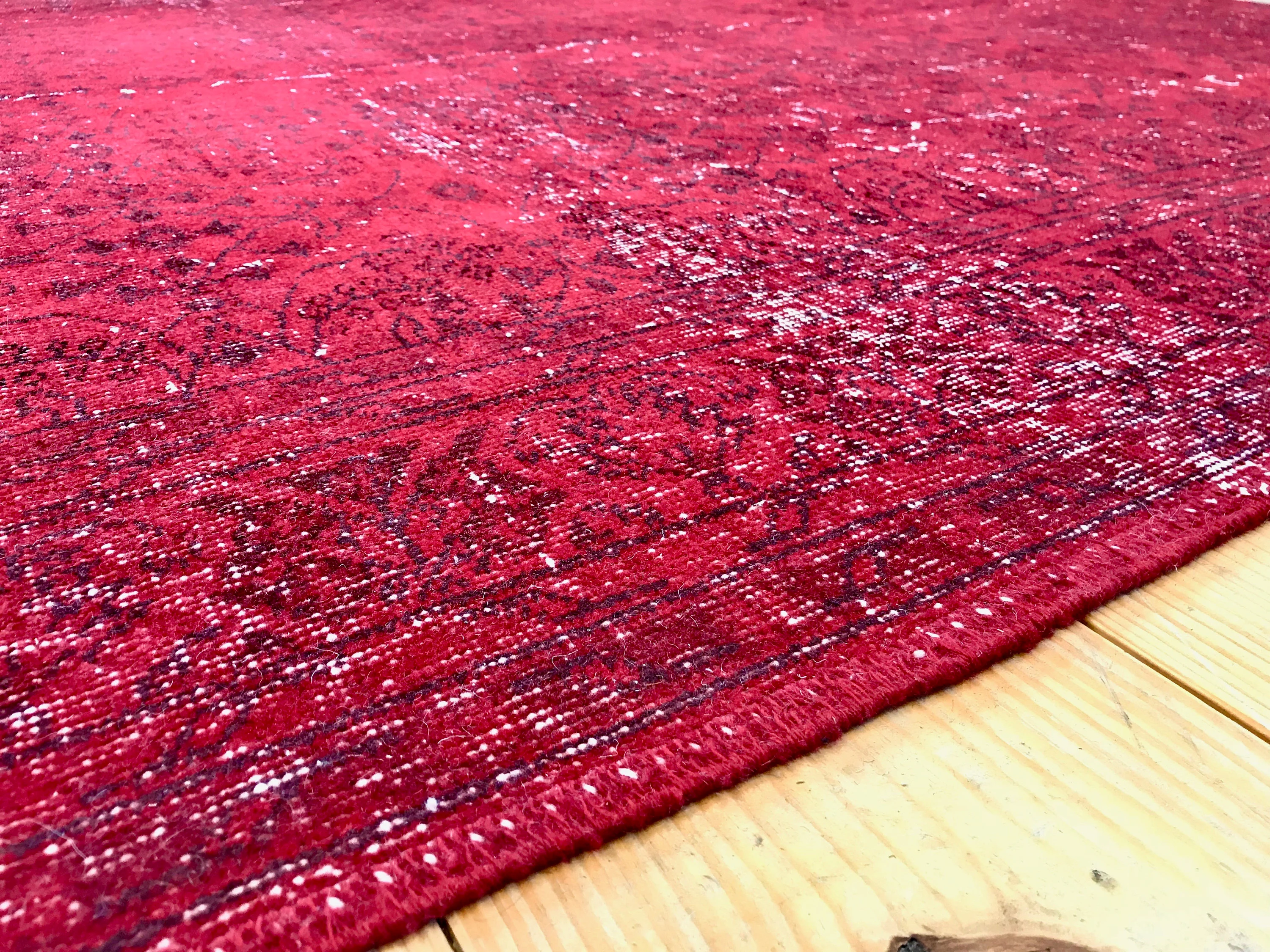 Vintage Hand Knotted Overdyed Red Turkish Wool Area Rug