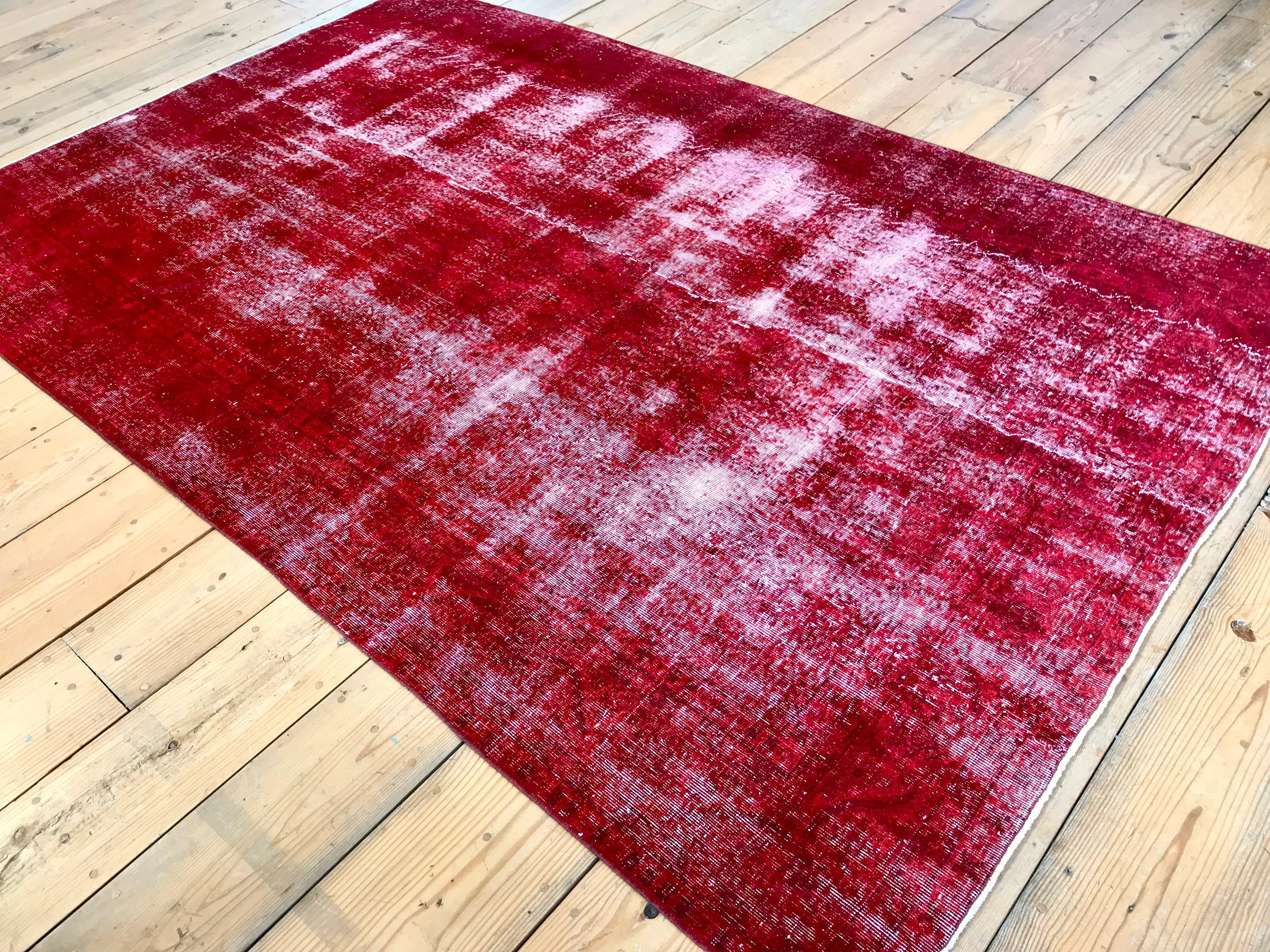 Vintage Hand Knotted Overdyed Red Turkish Wool Area Rug