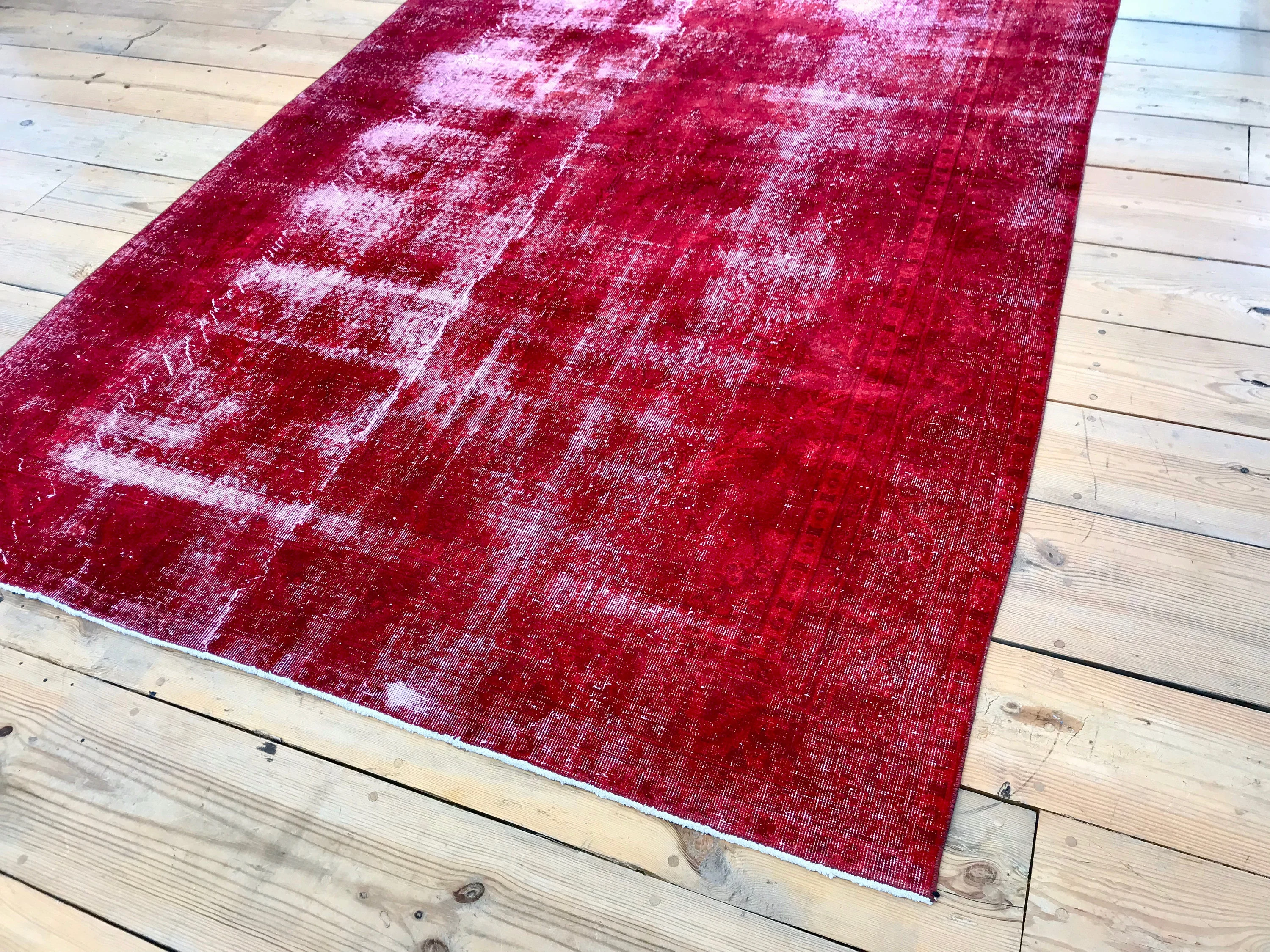 Vintage Hand Knotted Overdyed Red Turkish Wool Area Rug