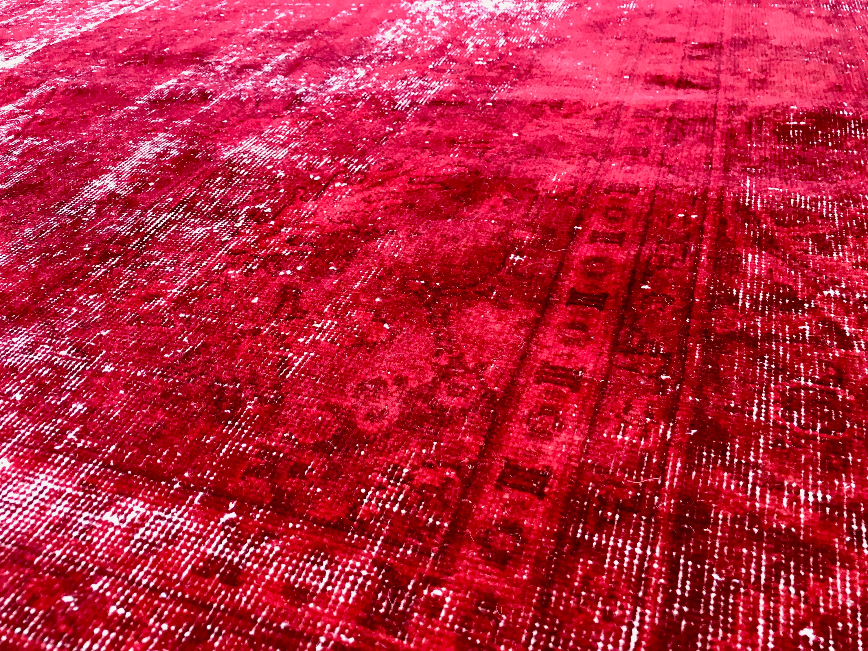 Vintage Hand Knotted Overdyed Red Turkish Wool Area Rug