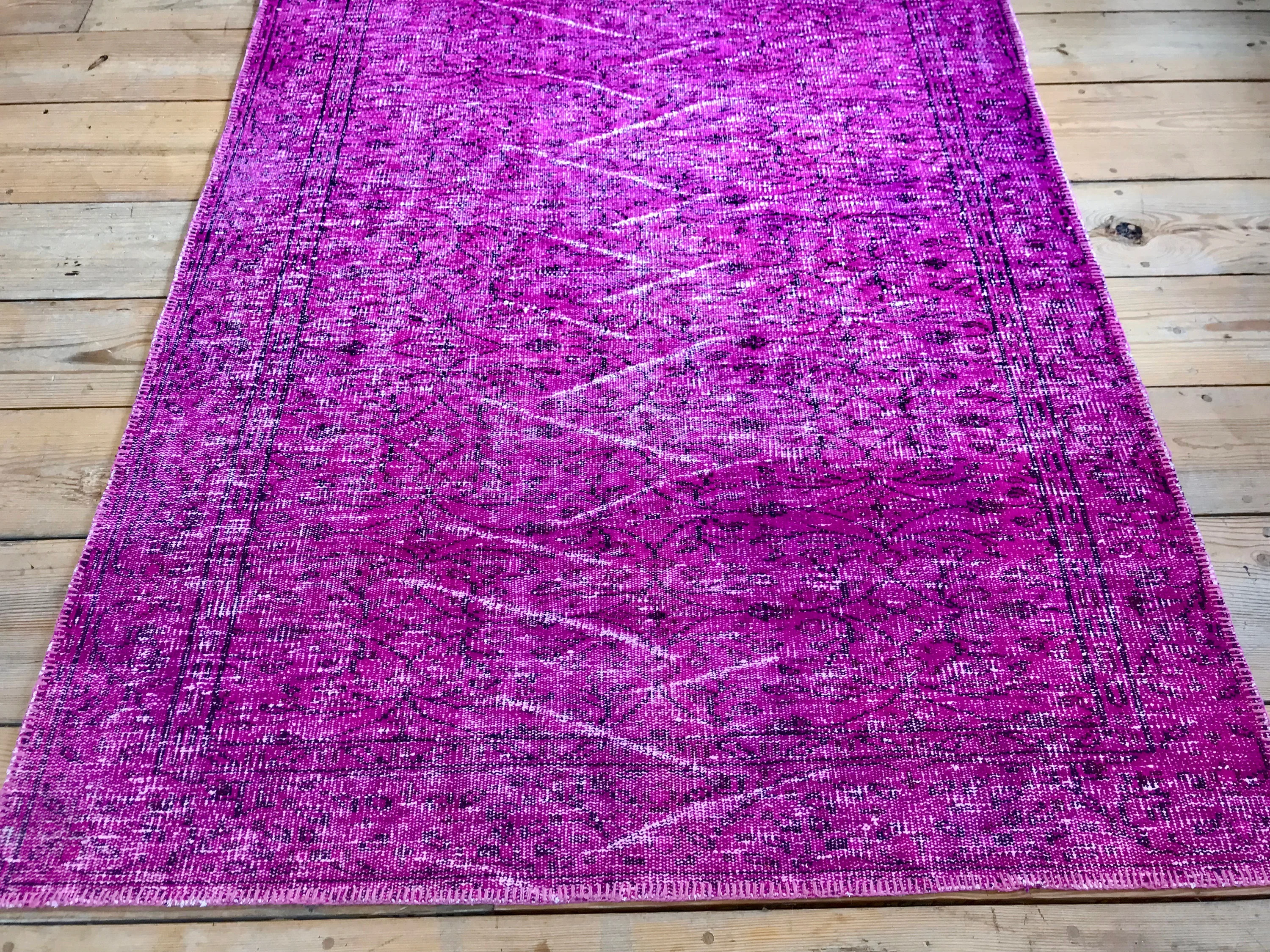 Vintage Hand Knotted Overdyed Pink Turkish Wool Area Rug