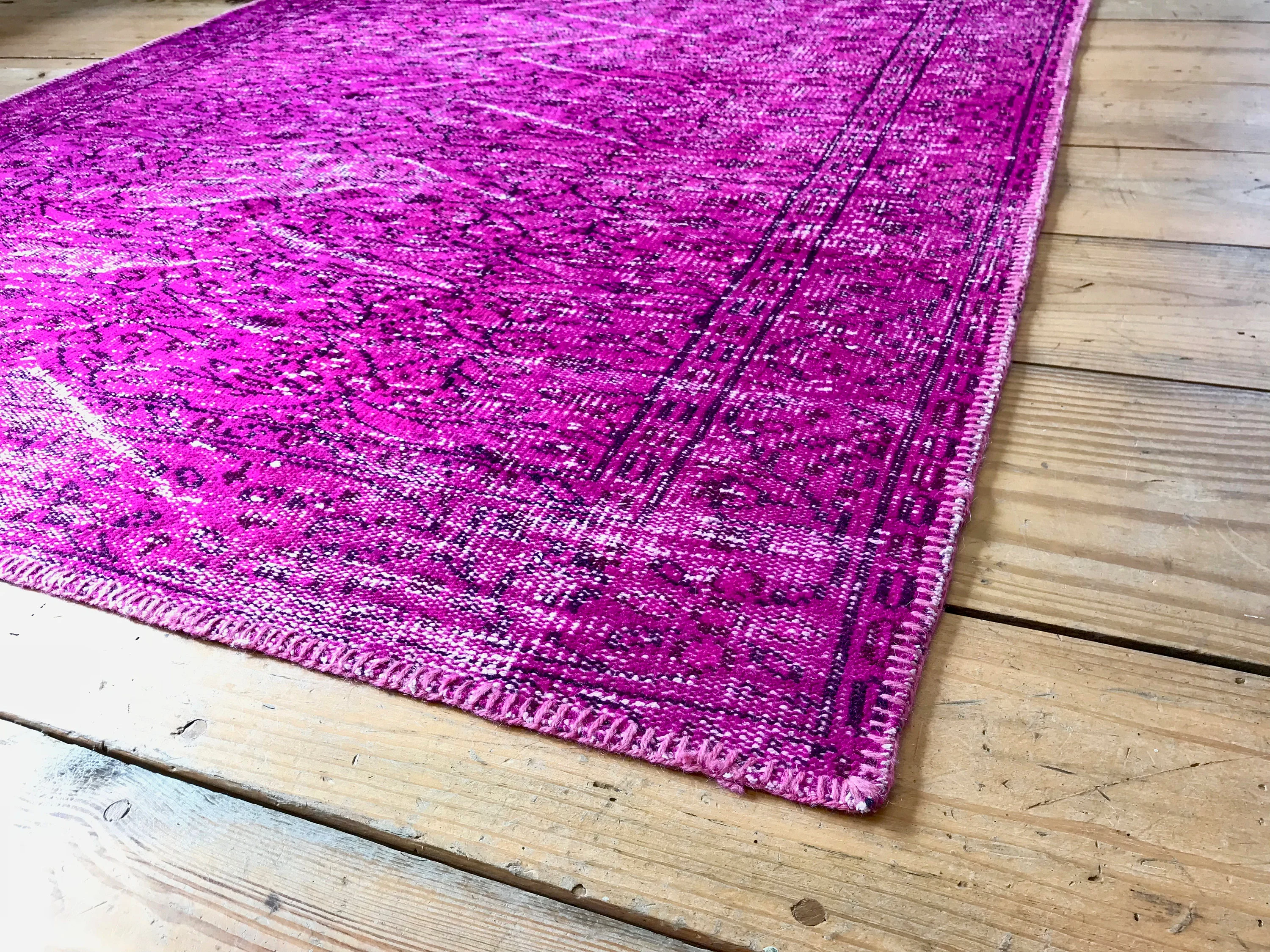 Vintage Hand Knotted Overdyed Pink Turkish Wool Area Rug