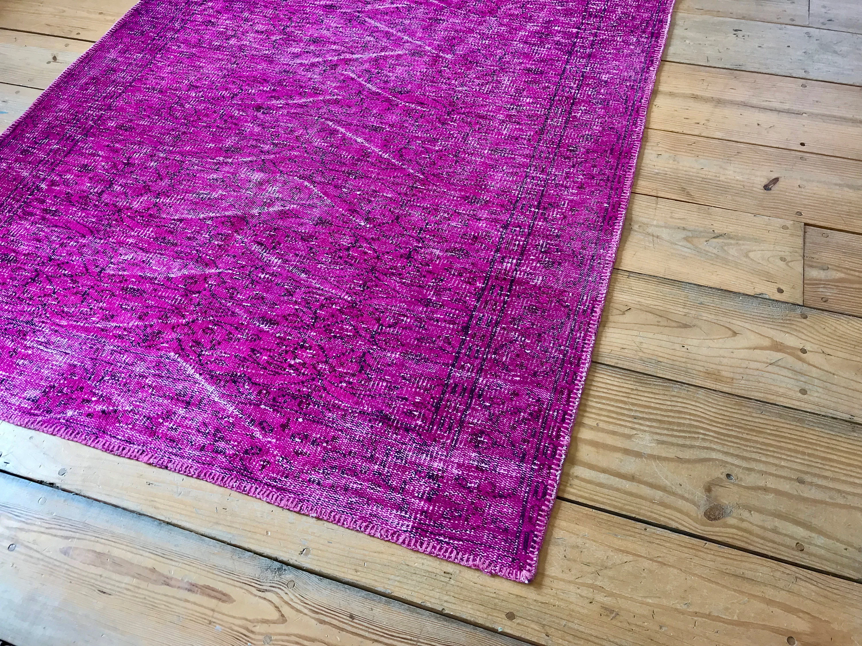 Vintage Hand Knotted Overdyed Pink Turkish Wool Area Rug