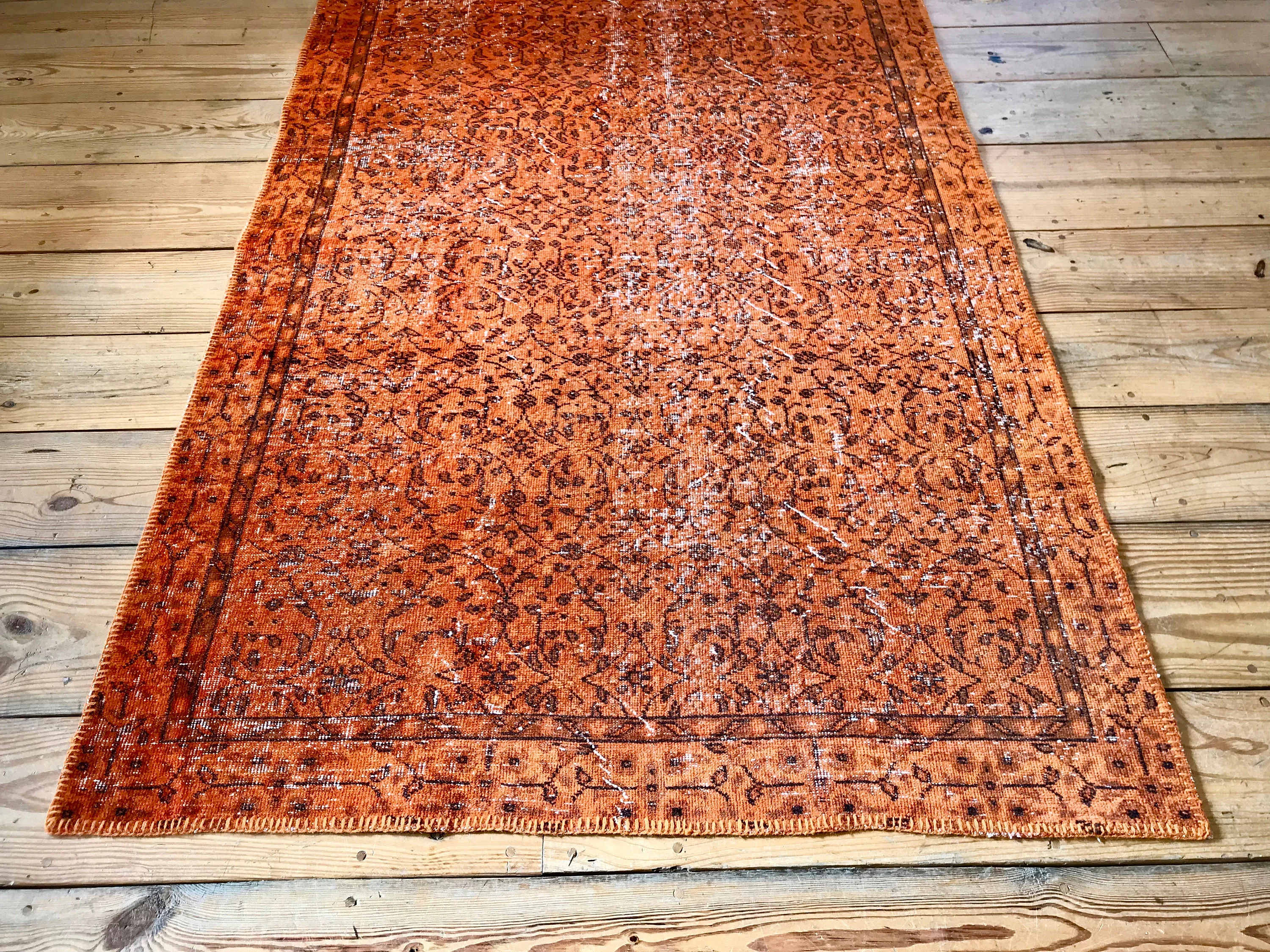 Vintage Hand Knotted Overdyed Orange Turkish Wool Area Rug