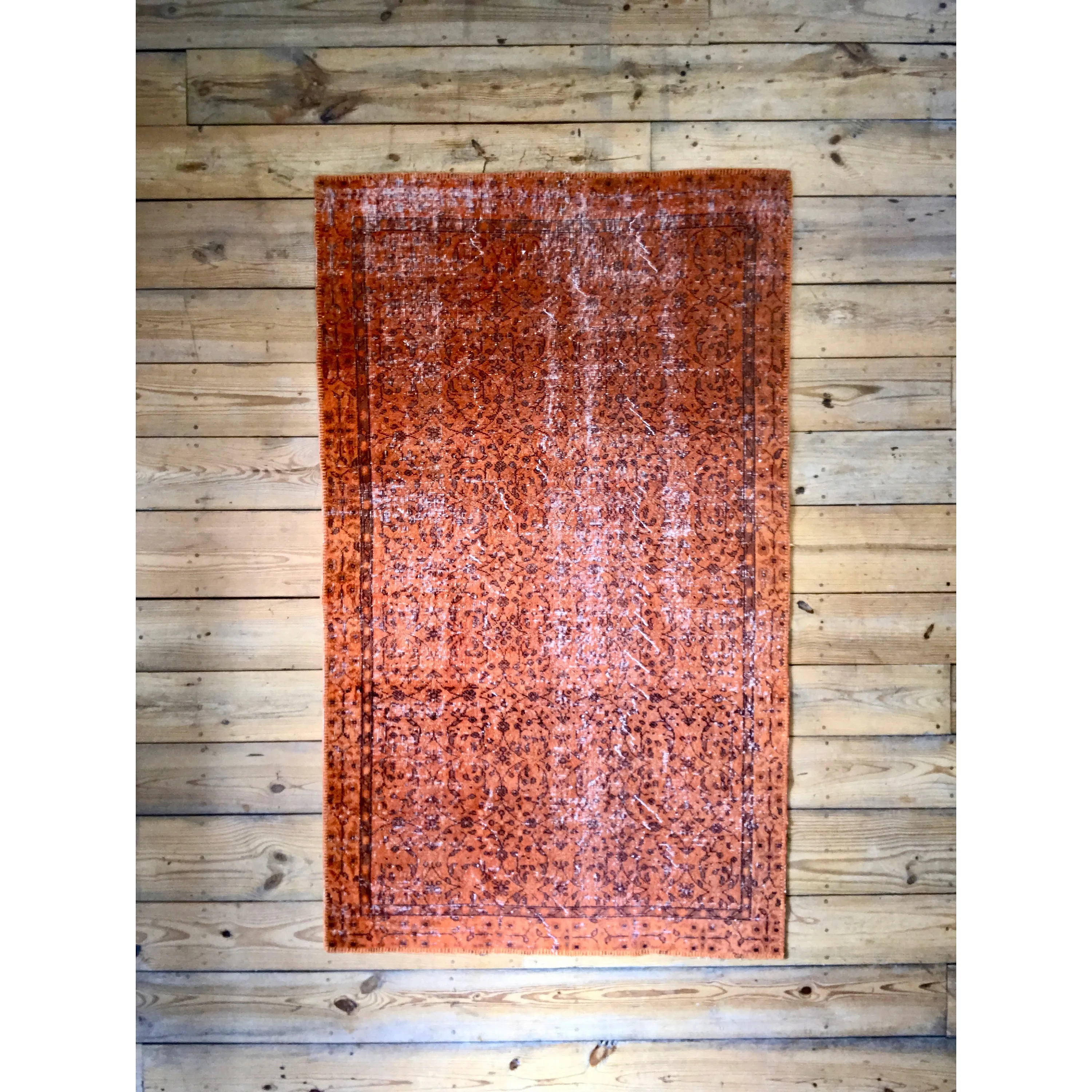 Vintage Hand Knotted Overdyed Orange Turkish Wool Area Rug