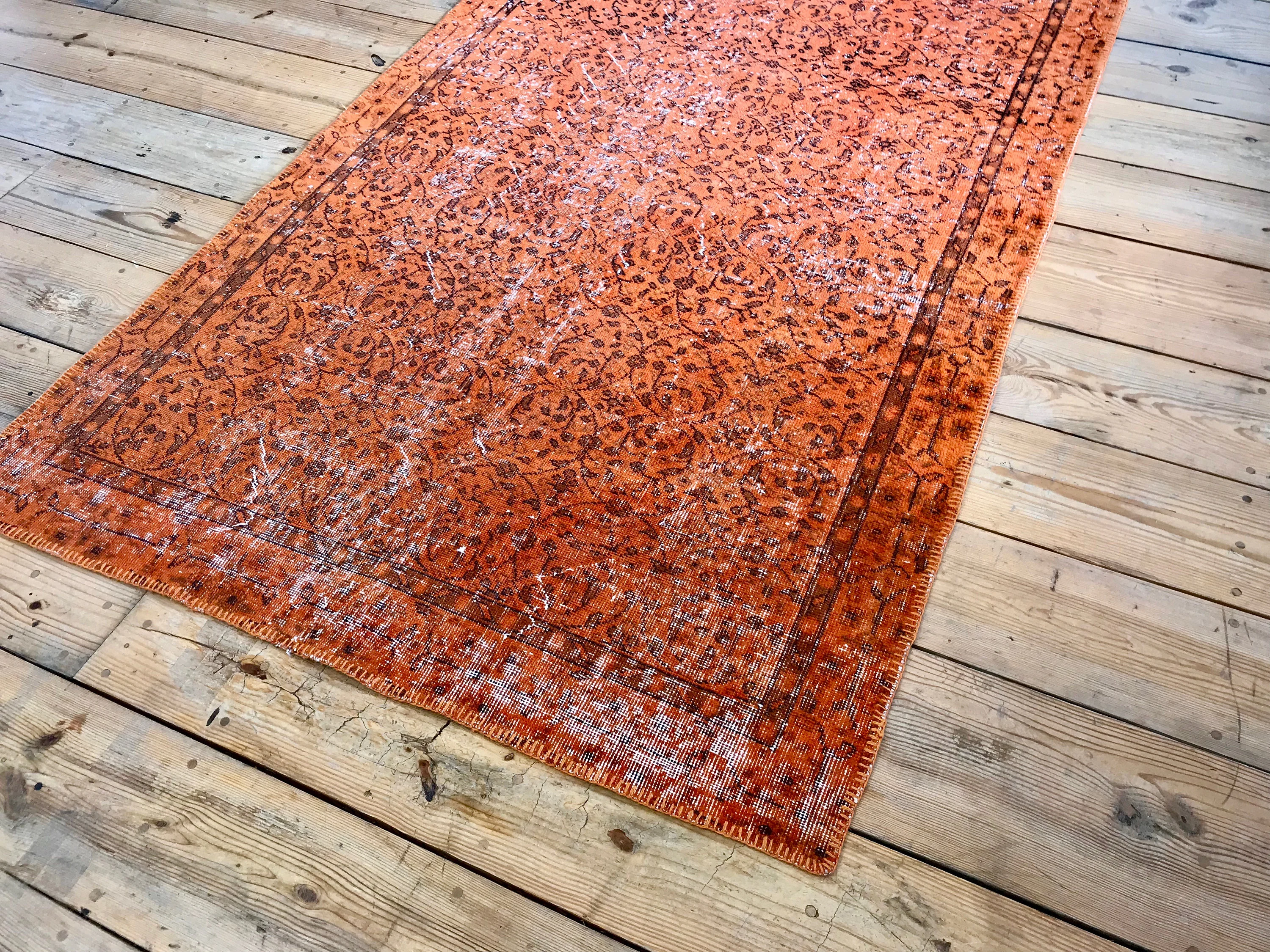 Vintage Hand Knotted Overdyed Orange Turkish Wool Area Rug
