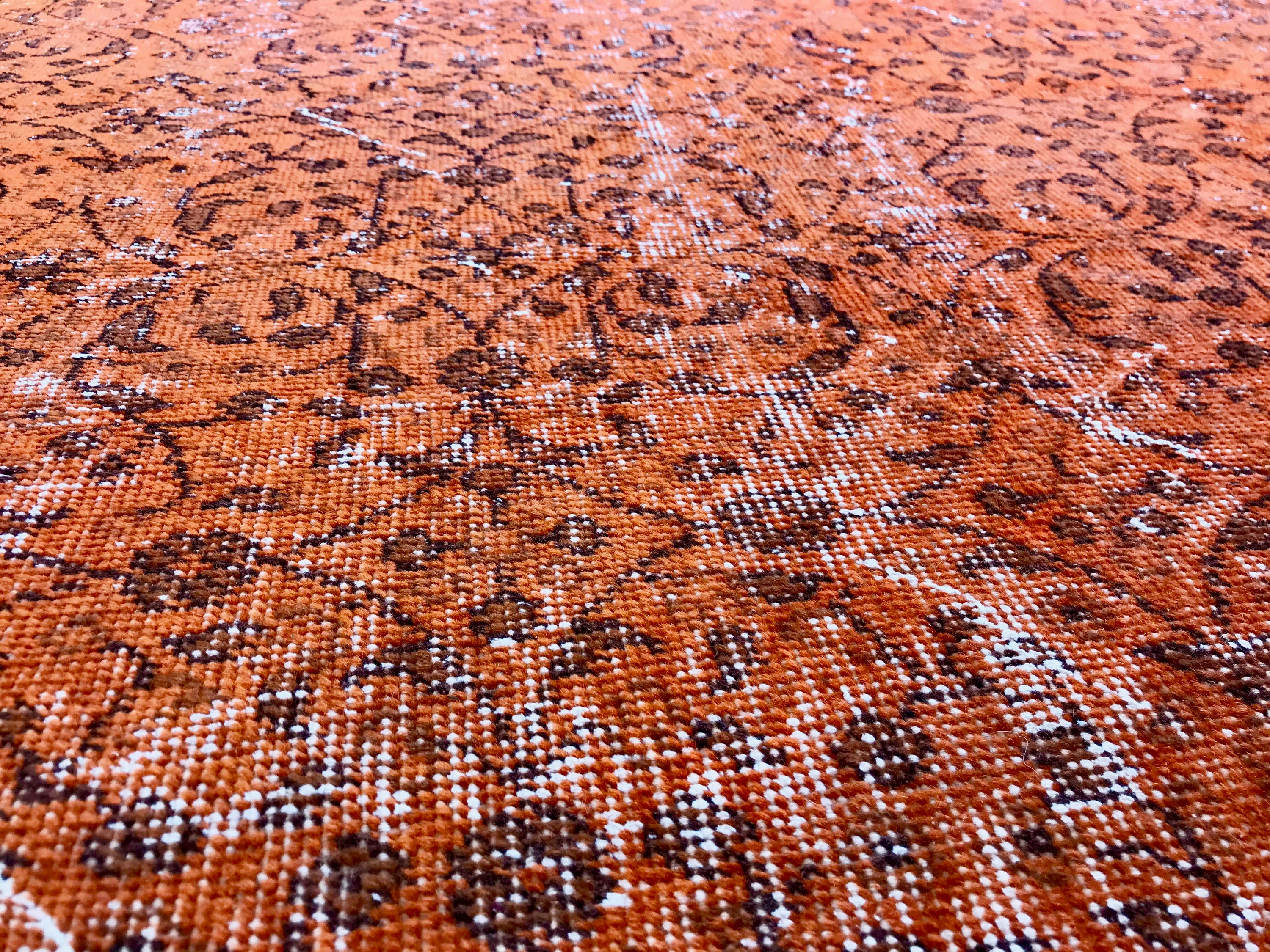 Vintage Hand Knotted Overdyed Orange Turkish Wool Area Rug