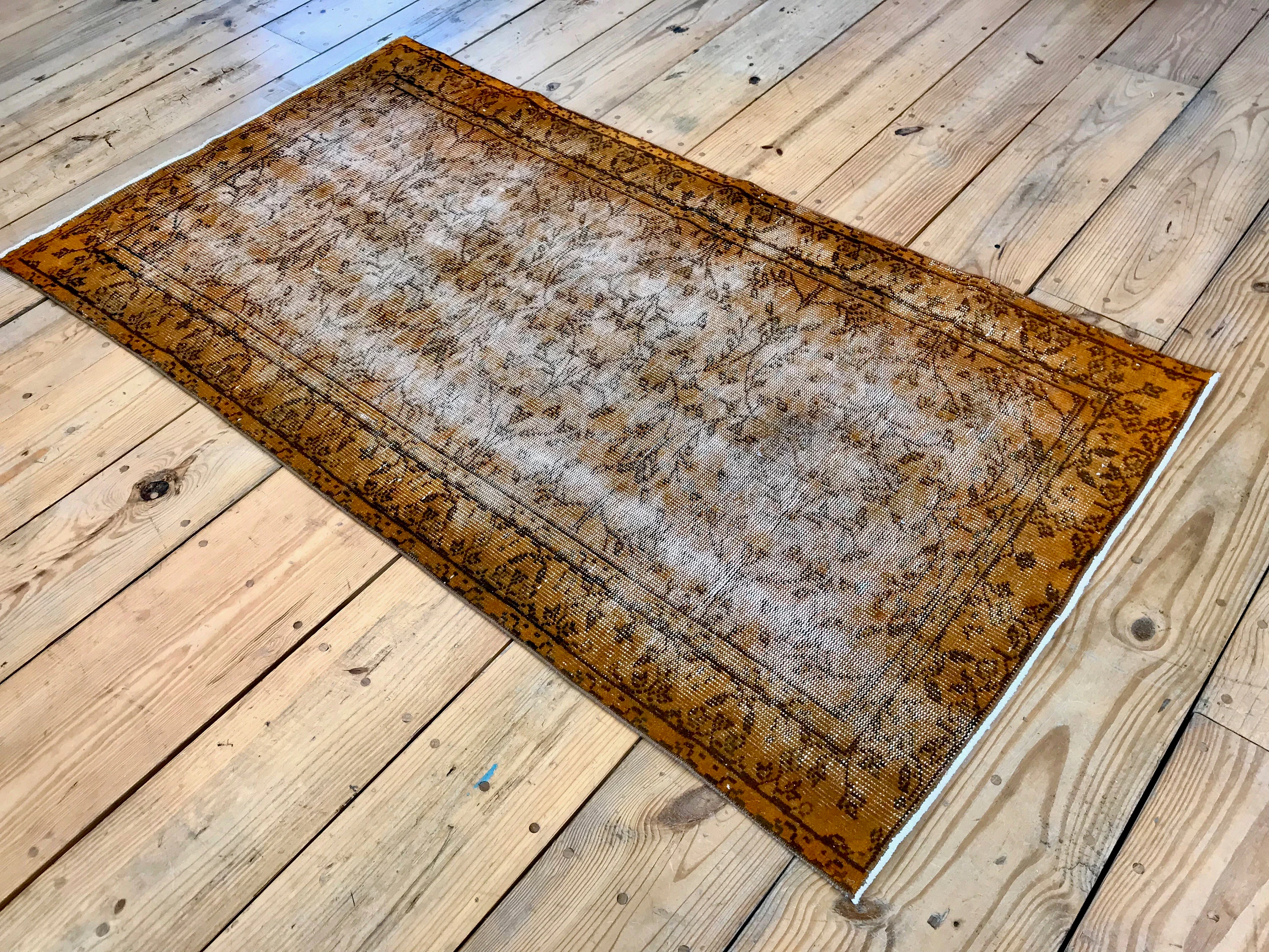 Vintage Hand Knotted Overdyed Orange Turkish Wool Area Rug