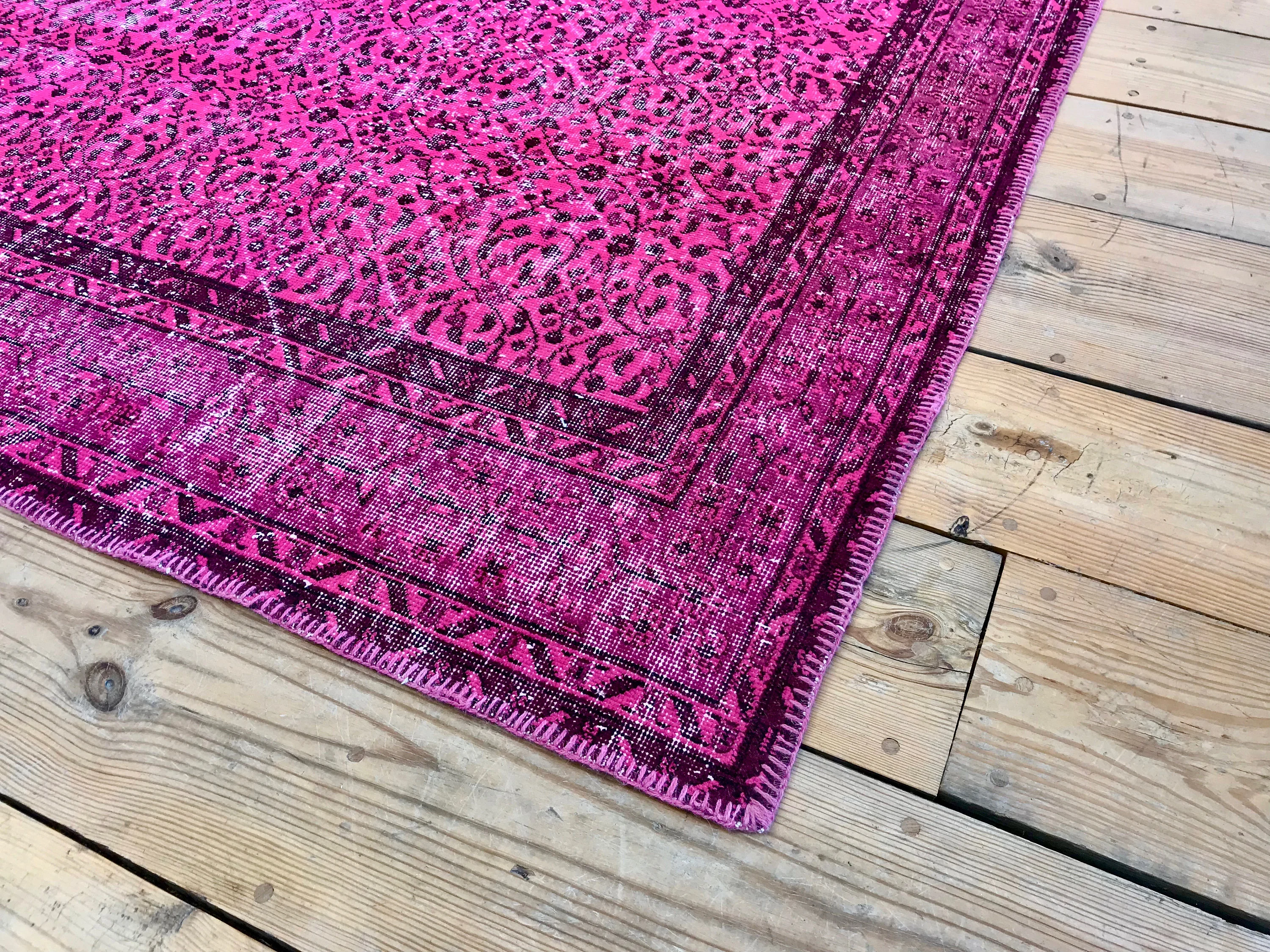 Vintage Hand Knotted Overdyed Pink Turkish Wool Area Rug