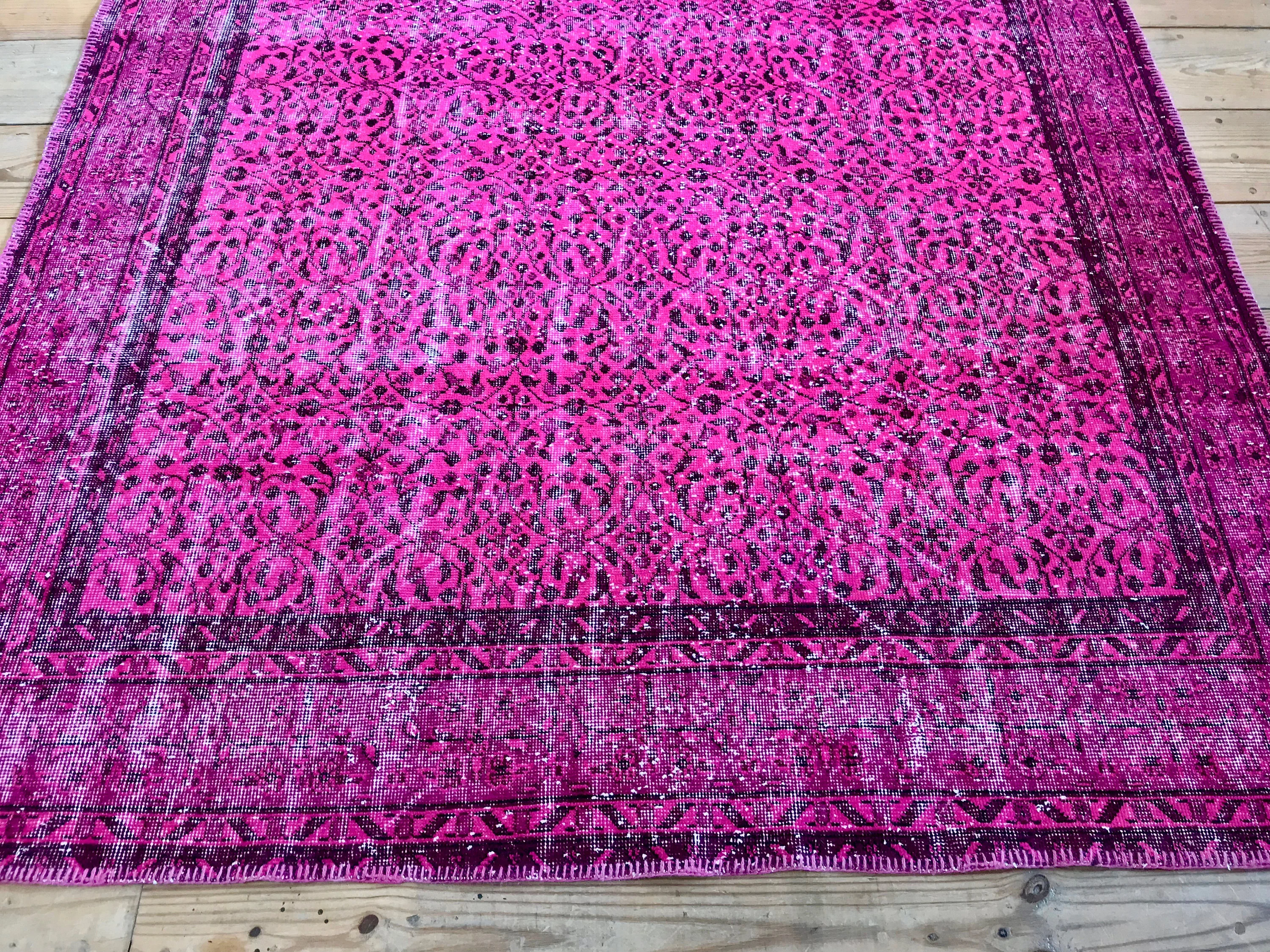 Vintage Hand Knotted Overdyed Pink Turkish Wool Area Rug