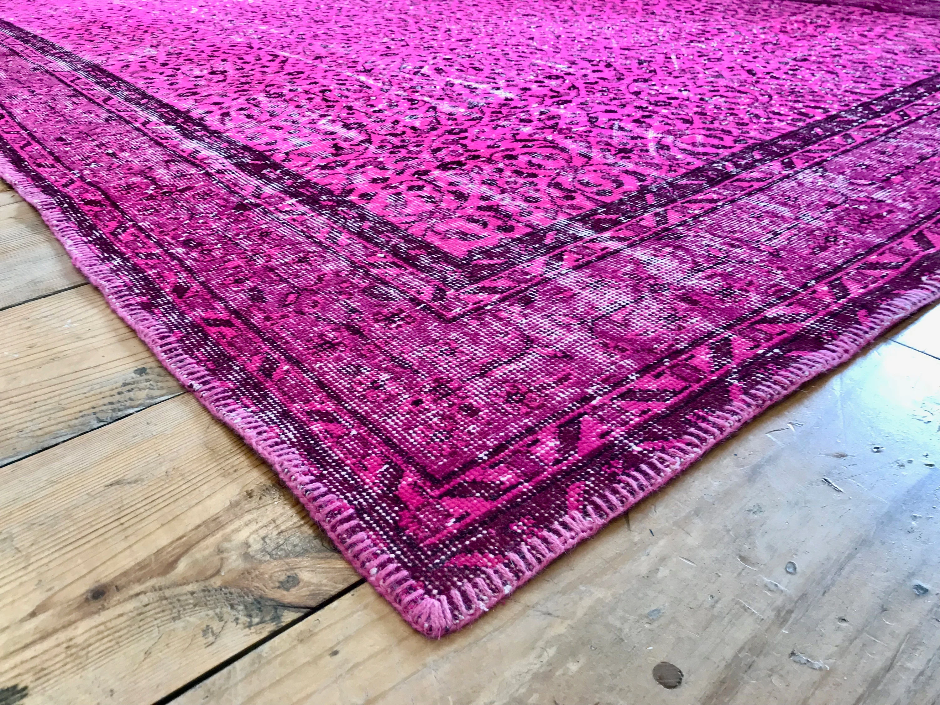 Vintage Hand Knotted Overdyed Pink Turkish Wool Area Rug