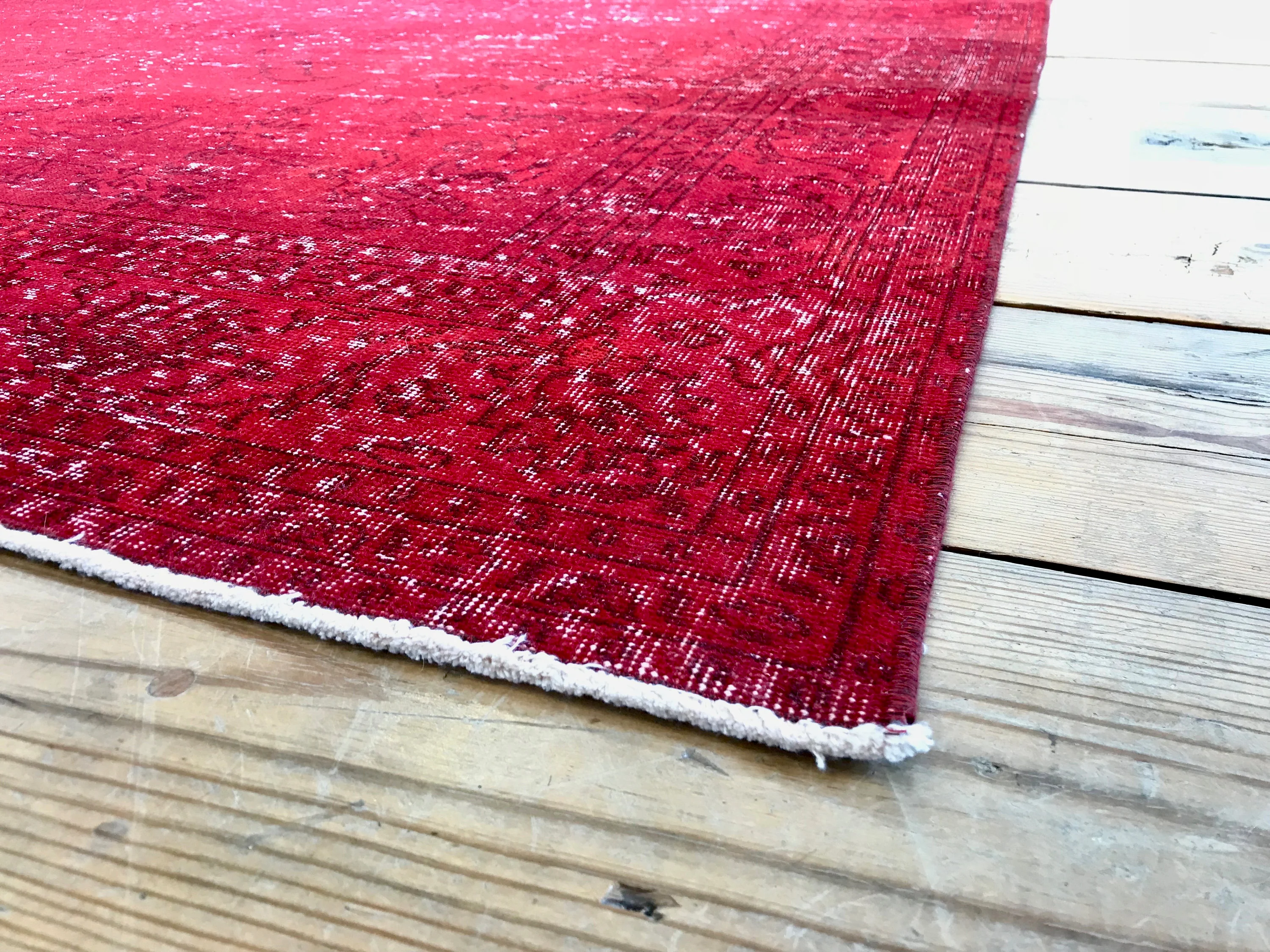 Vintage Hand Knotted Overdyed Red Turkish Wool Area Rug