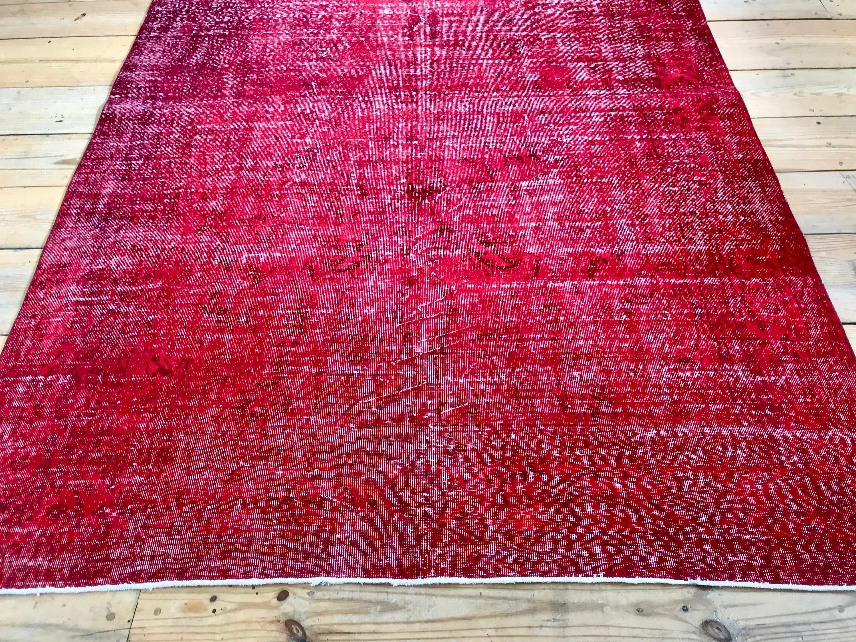 Vintage Hand Knotted Overdyed Red Turkish Wool Area Rug