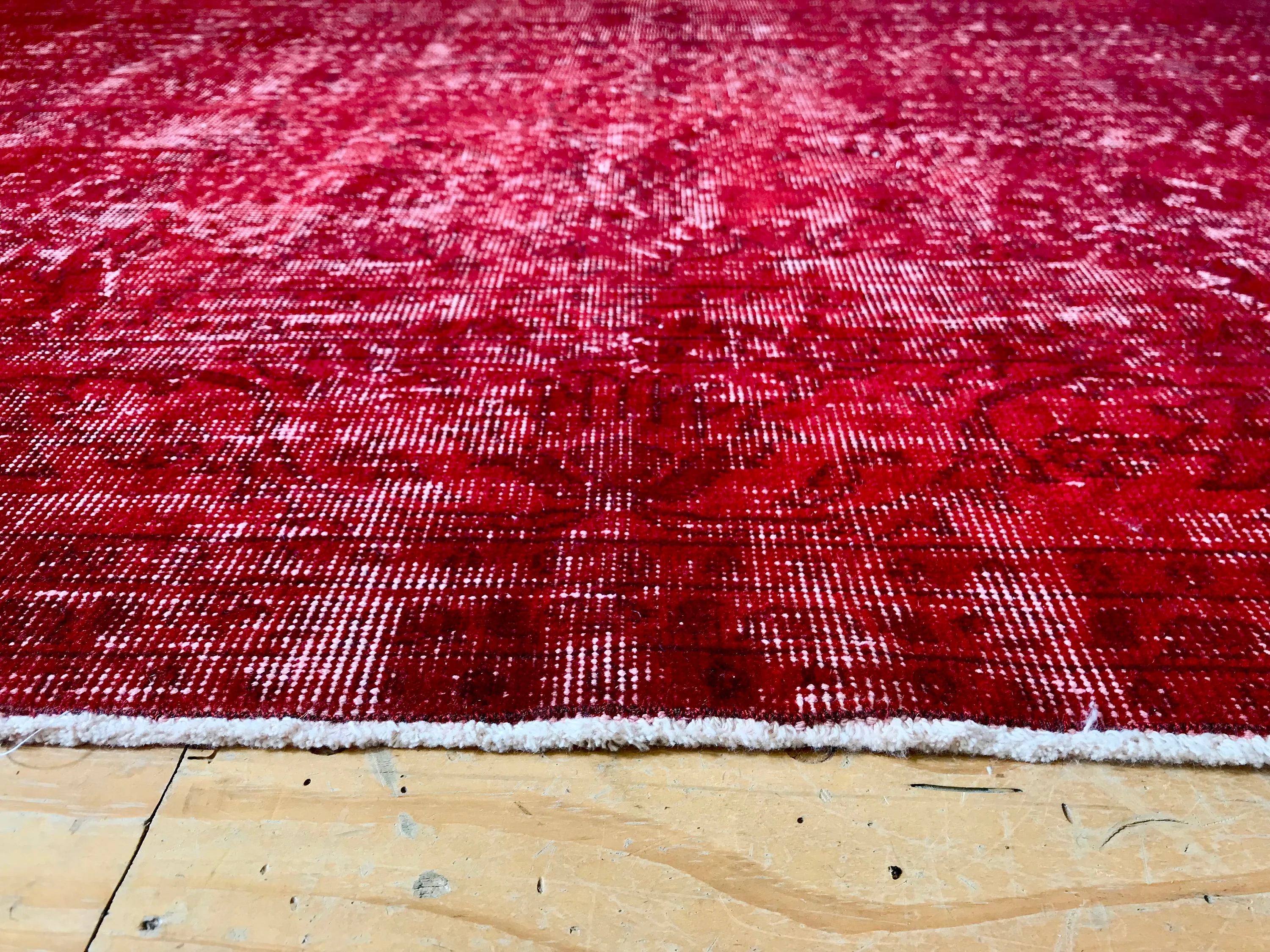 Vintage Hand Knotted Overdyed Red Turkish Wool Area Rug
