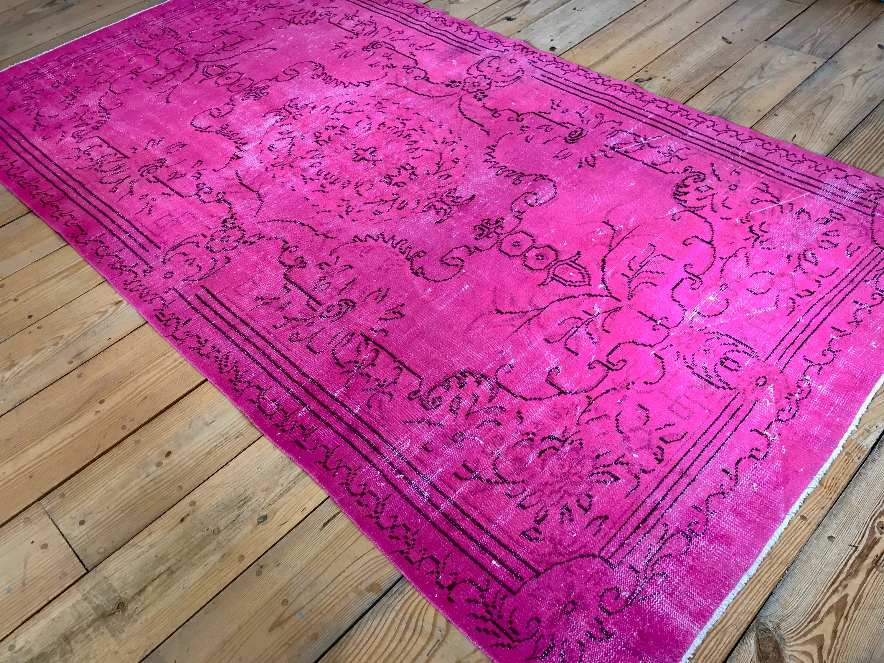 Vintage Hand Knotted Overdyed Pink Turkish Wool Area Rug