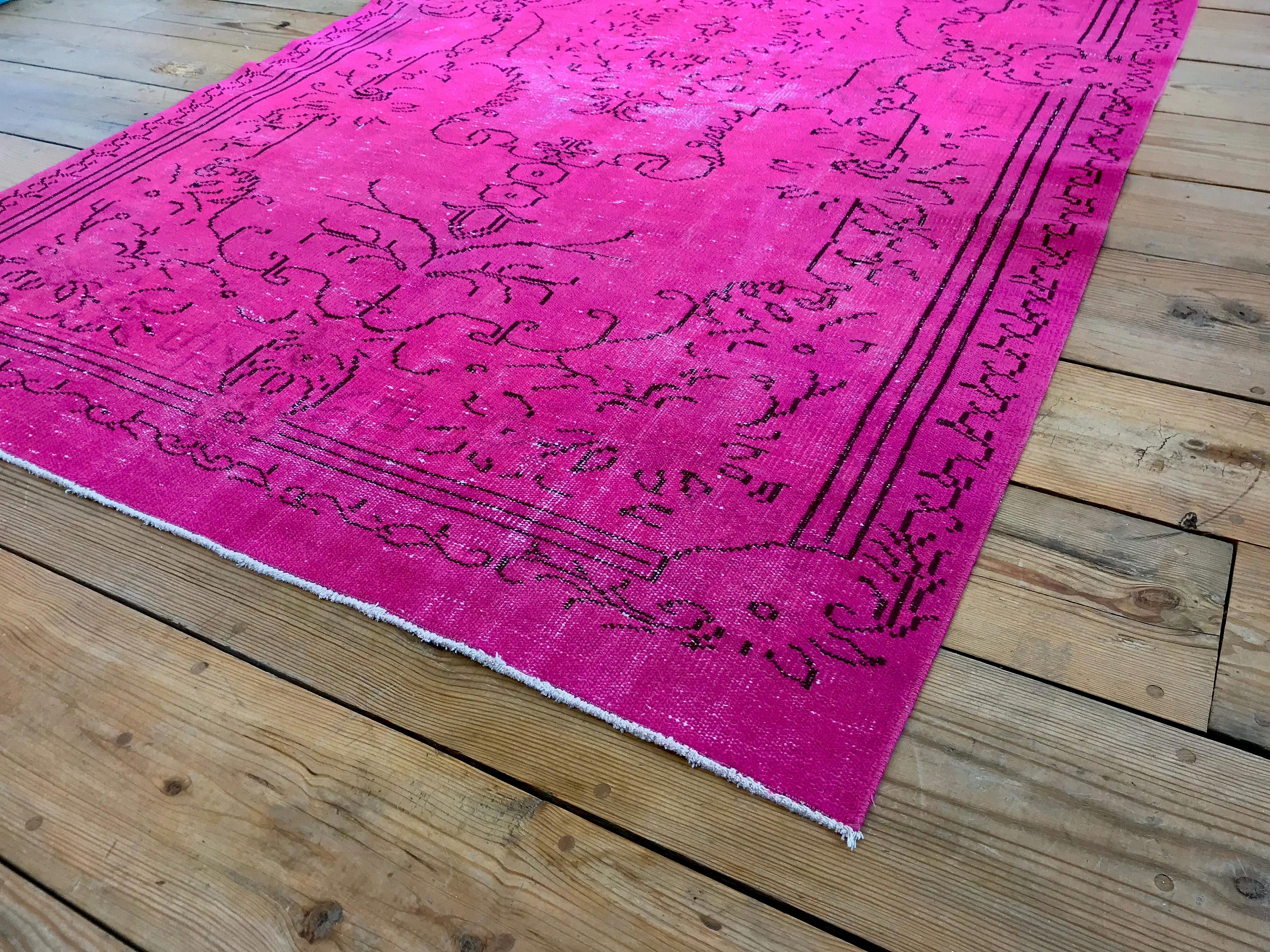 Vintage Hand Knotted Overdyed Pink Turkish Wool Area Rug