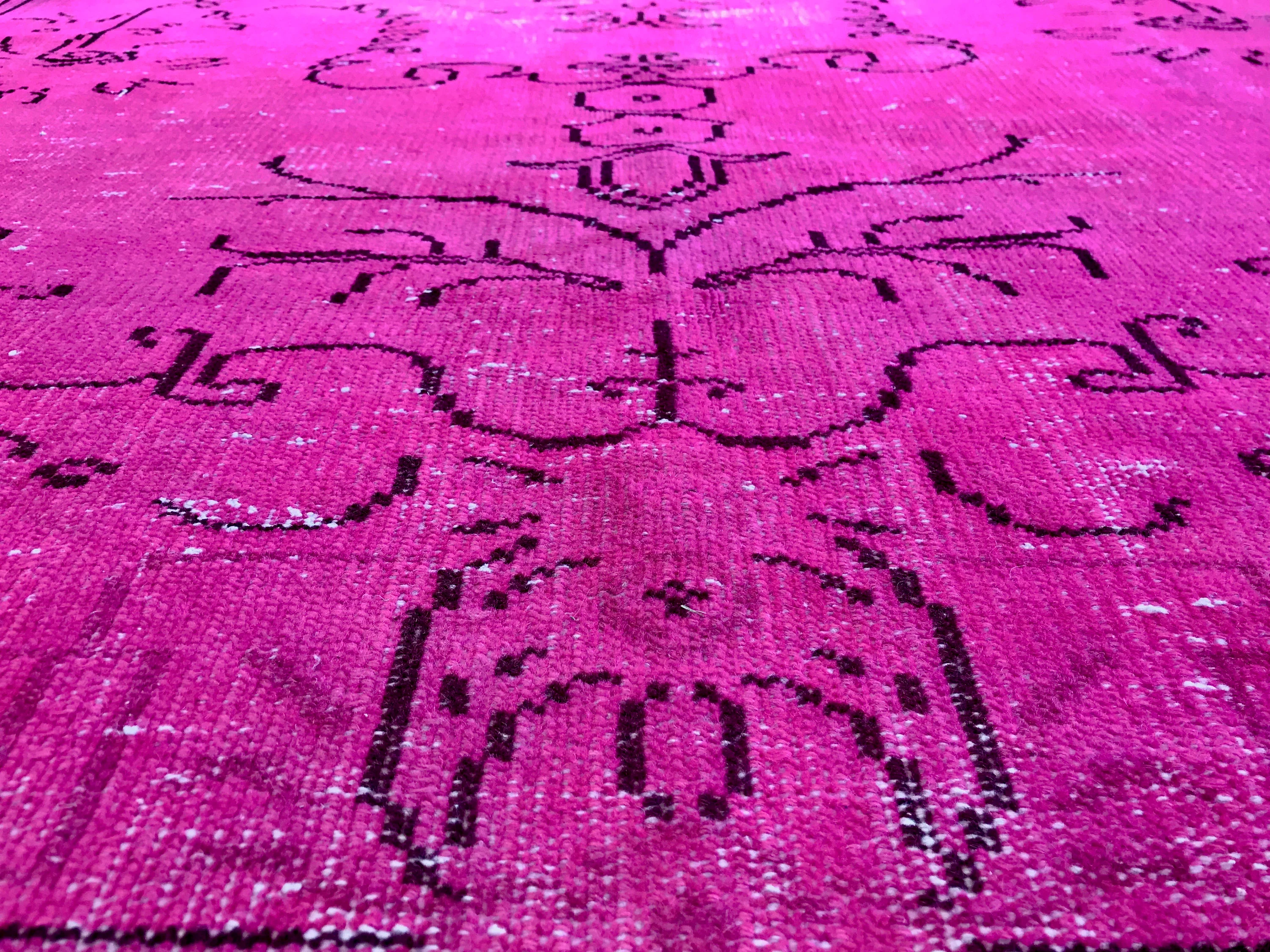 Vintage Hand Knotted Overdyed Pink Turkish Wool Area Rug