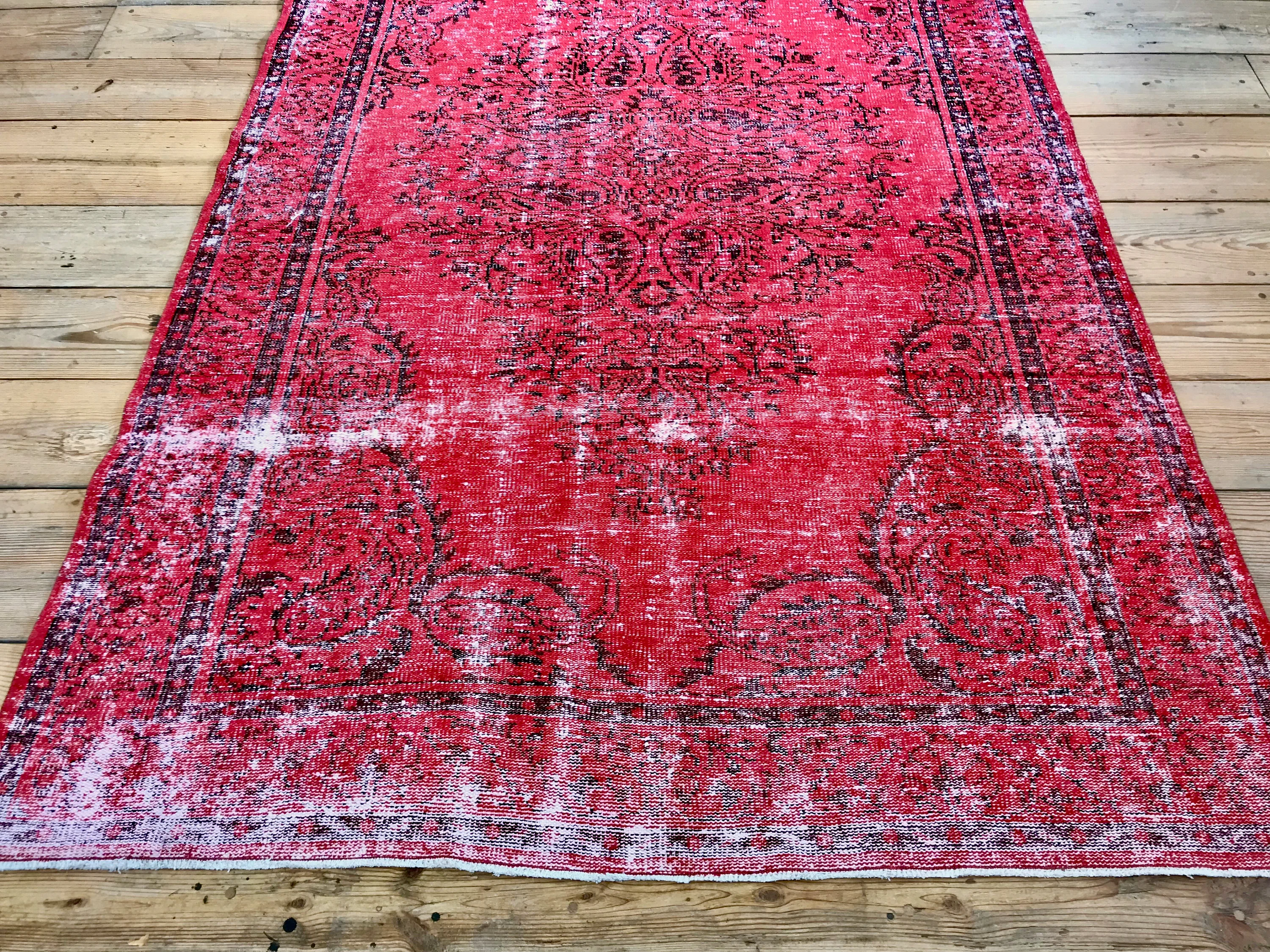 Vintage Hand Knotted Overdyed Red Turkish Wool Area Rug